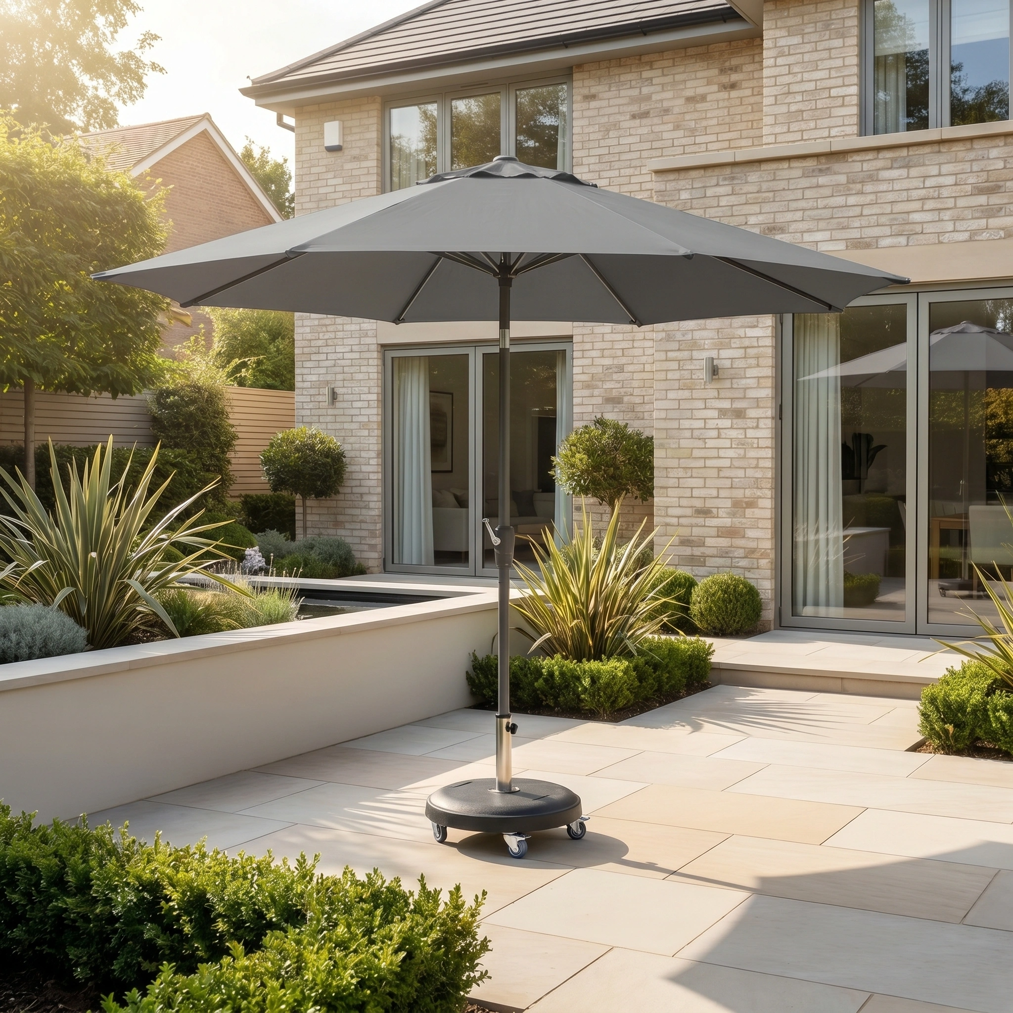 The Zelos 3m Round Parasol with LED Lighting in Grey stands on a sunny stone terrace in a landscaped modern backyard, providing stylish shade and superior UV protection.