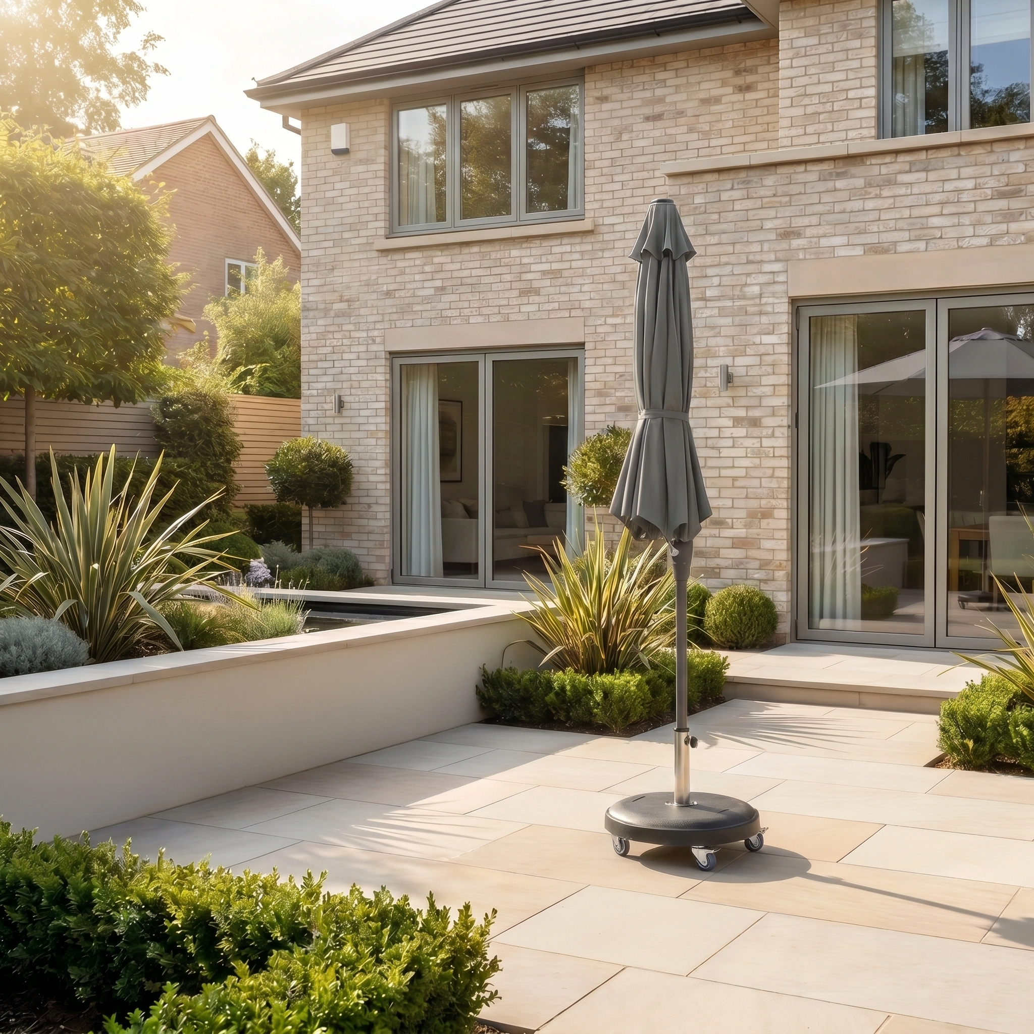 The Zelos 3m Round Parasol with LED Lighting in Grey provides stylish shade and UV protection for modern gardens, standing closed on a tiled patio beside a brick house.