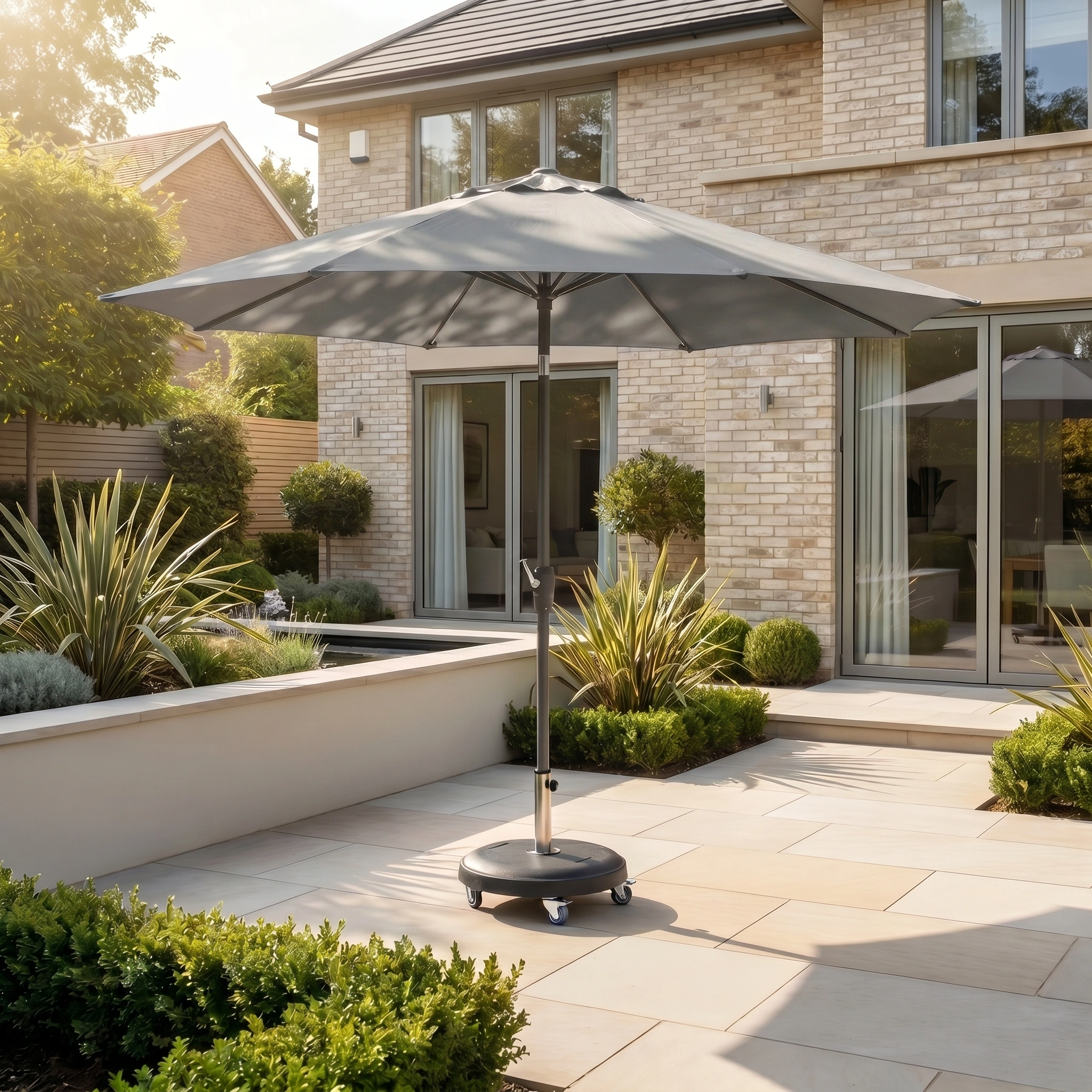 The Zelos 3m Round Parasol with LED Lighting in Grey offers UV protection on a tiled terrace in a landscaped backyard next to a modern brick house.