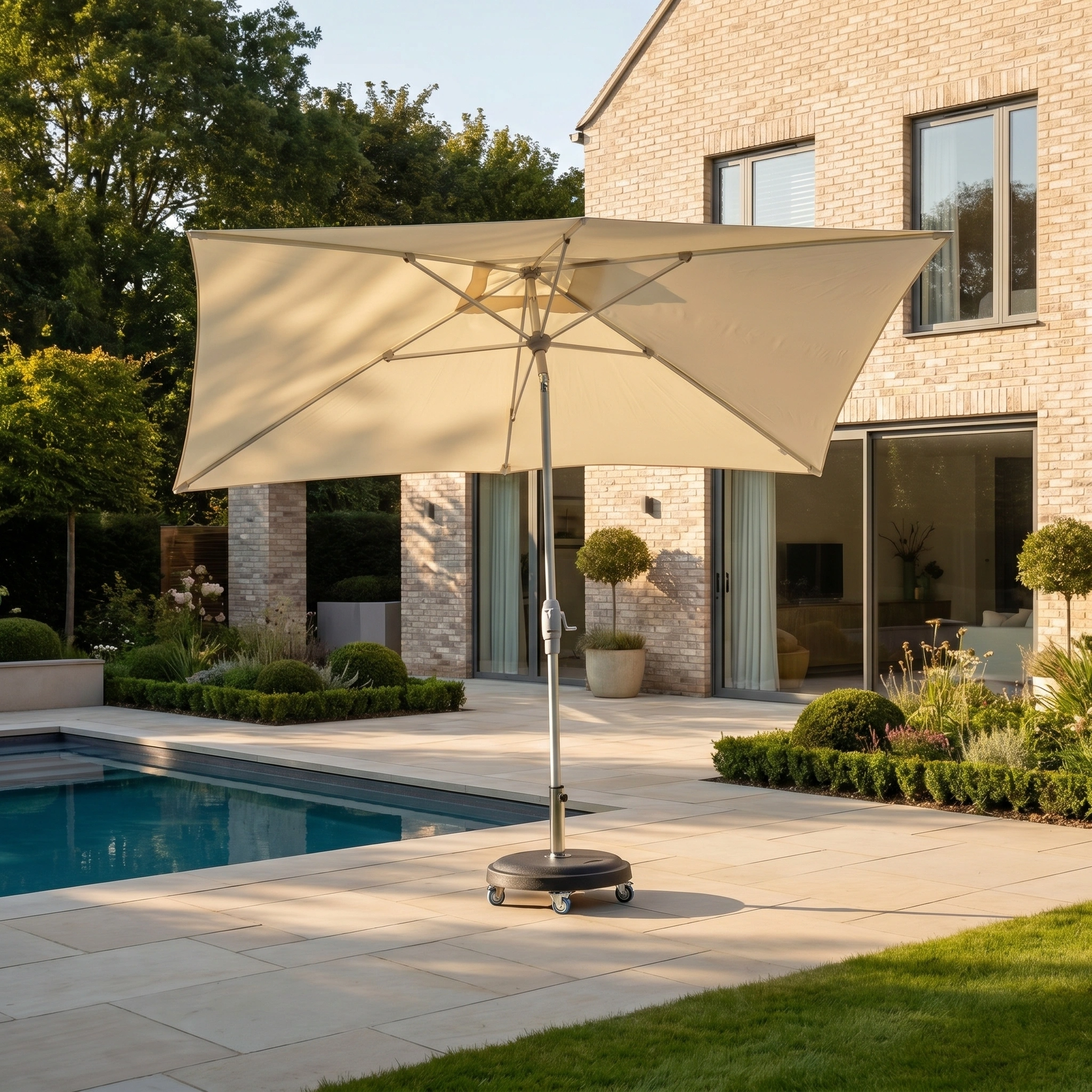 The Zelos 3m x 2m Rectangular Parasol with LED Lighting in Cream offers outdoor UV protection, shading your poolside terrace beside a modern brick house and lush garden.