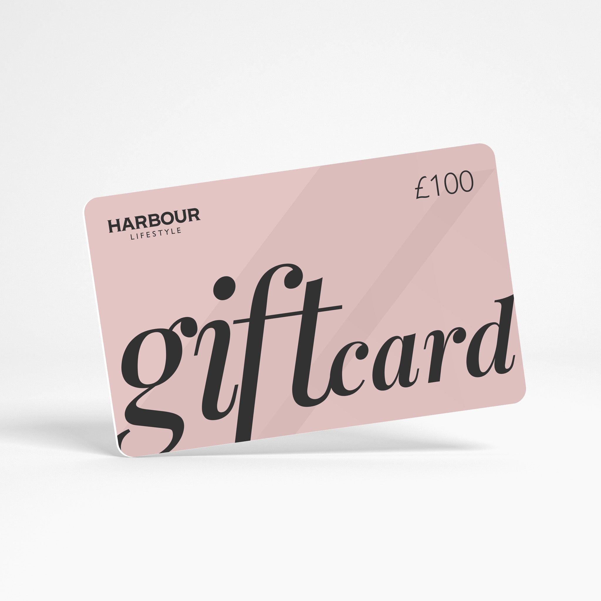 A £100 Harbour Lifestyle E-Gift Card featuring a pink background and elegant black text.