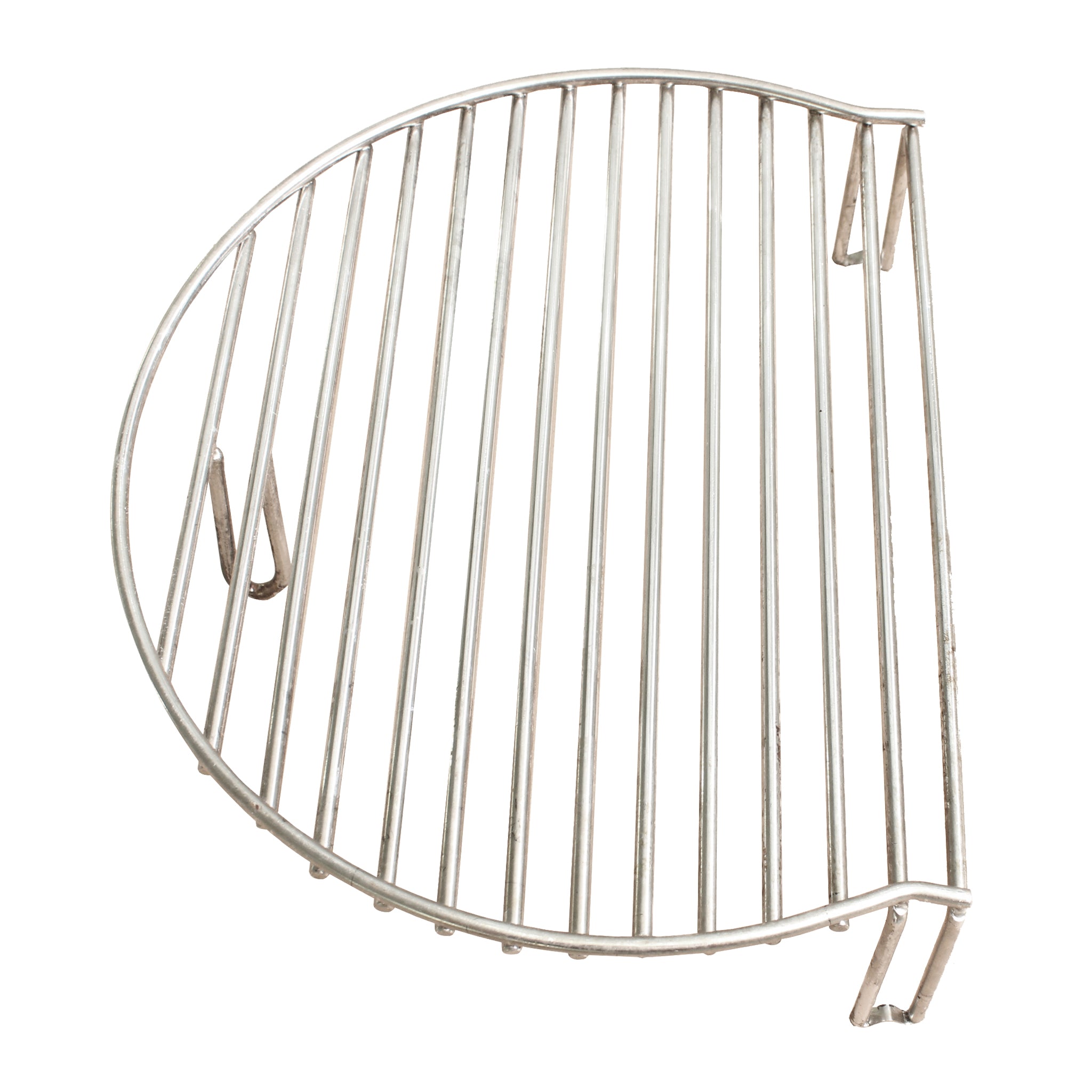 The Cooking Grid Expander for 18" Kamado Grills is a half-circle metal accessory with parallel bars and a raised edge, enhancing your grilling space by 60% and ideal for holding or grilling items on a Kamado Grill.