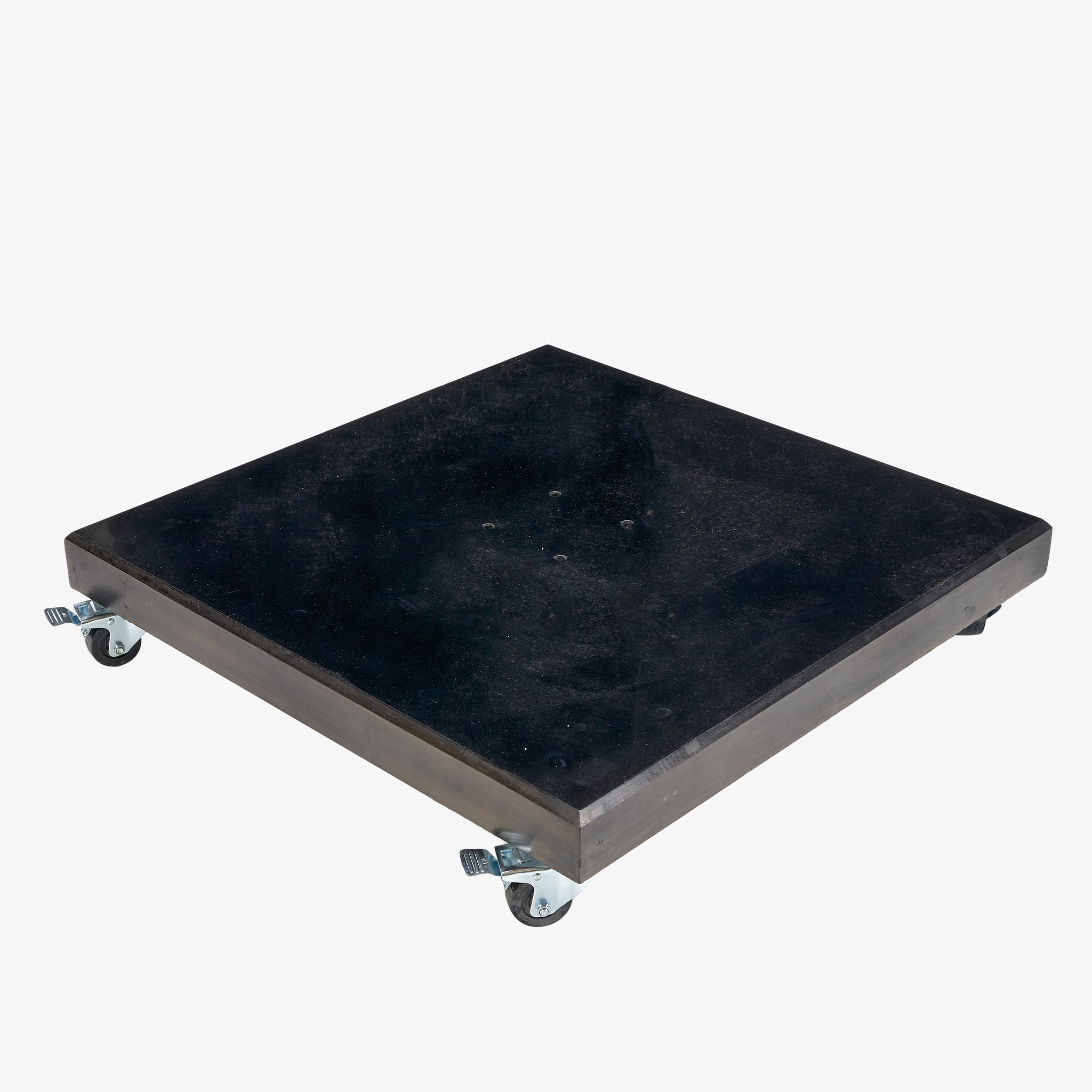 The Pacific Lifestyle Modena Polished Black Granite 90KG Wheeled Parasol Base is equipped with four swivel caster wheels and an adjustable turn lock, ideal for versatile mobility on any surface.