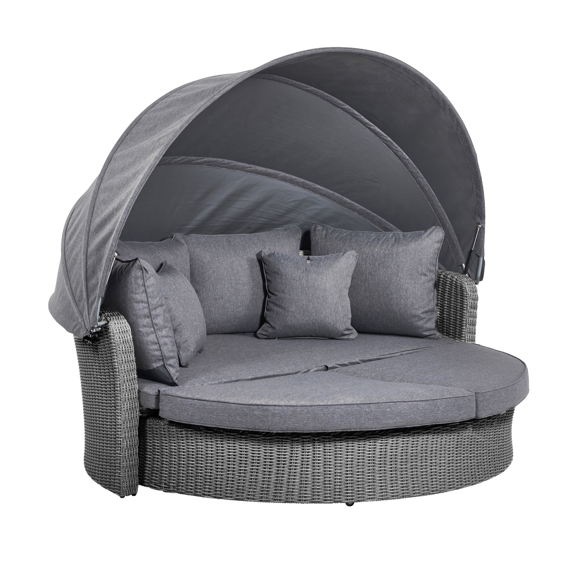 The Pacific Lifestyle - Bermuda Daybed in Slate Grey is a weatherproof, round outdoor daybed with gray cushions and a retractable canopy, providing a space-saving design ideal for any patio.