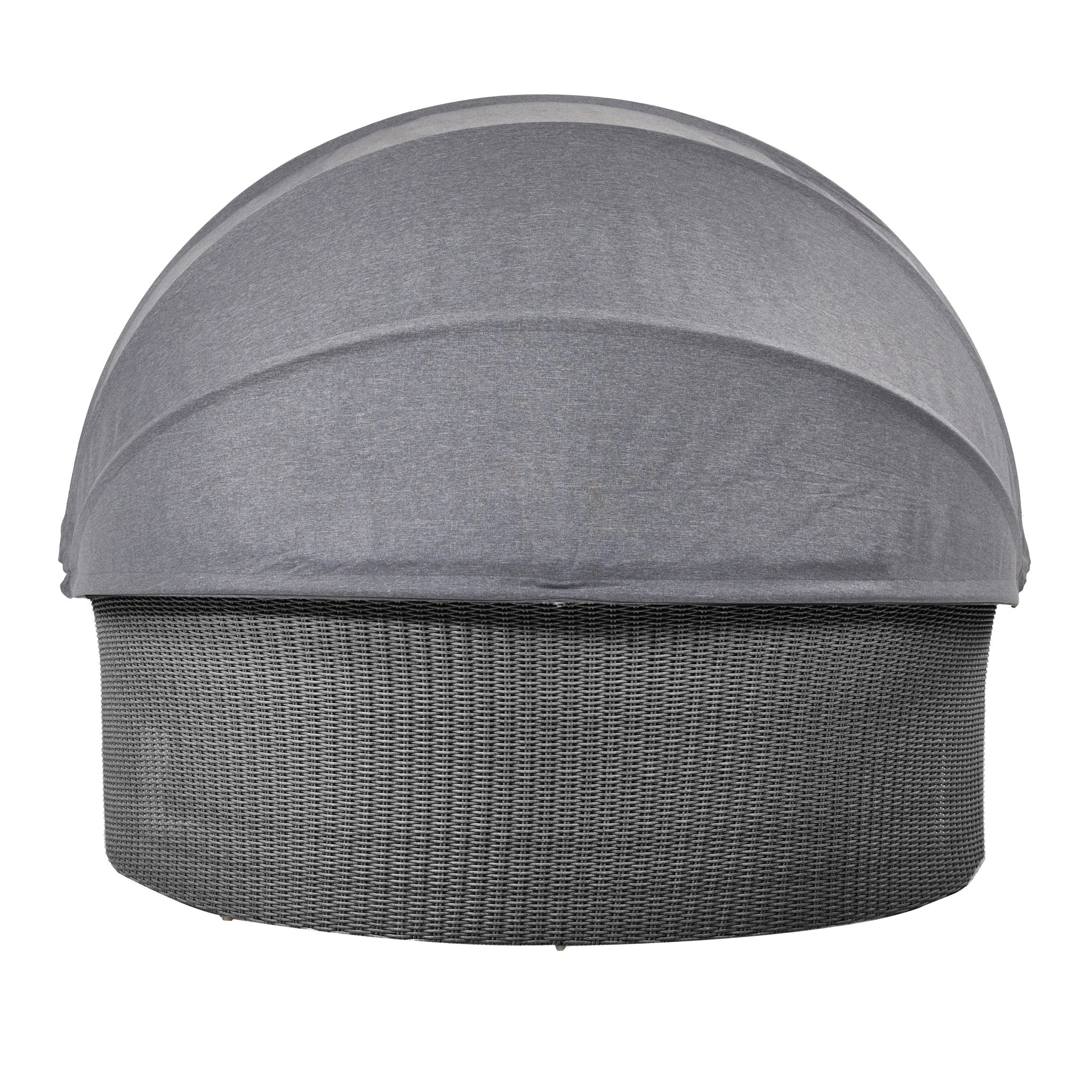 The Pacific Lifestyle Bermuda Daybed in Slate Grey features a weatherproof, space-saving design with grey outdoor wicker and a large rounded canopy, ideal for any patio setting.