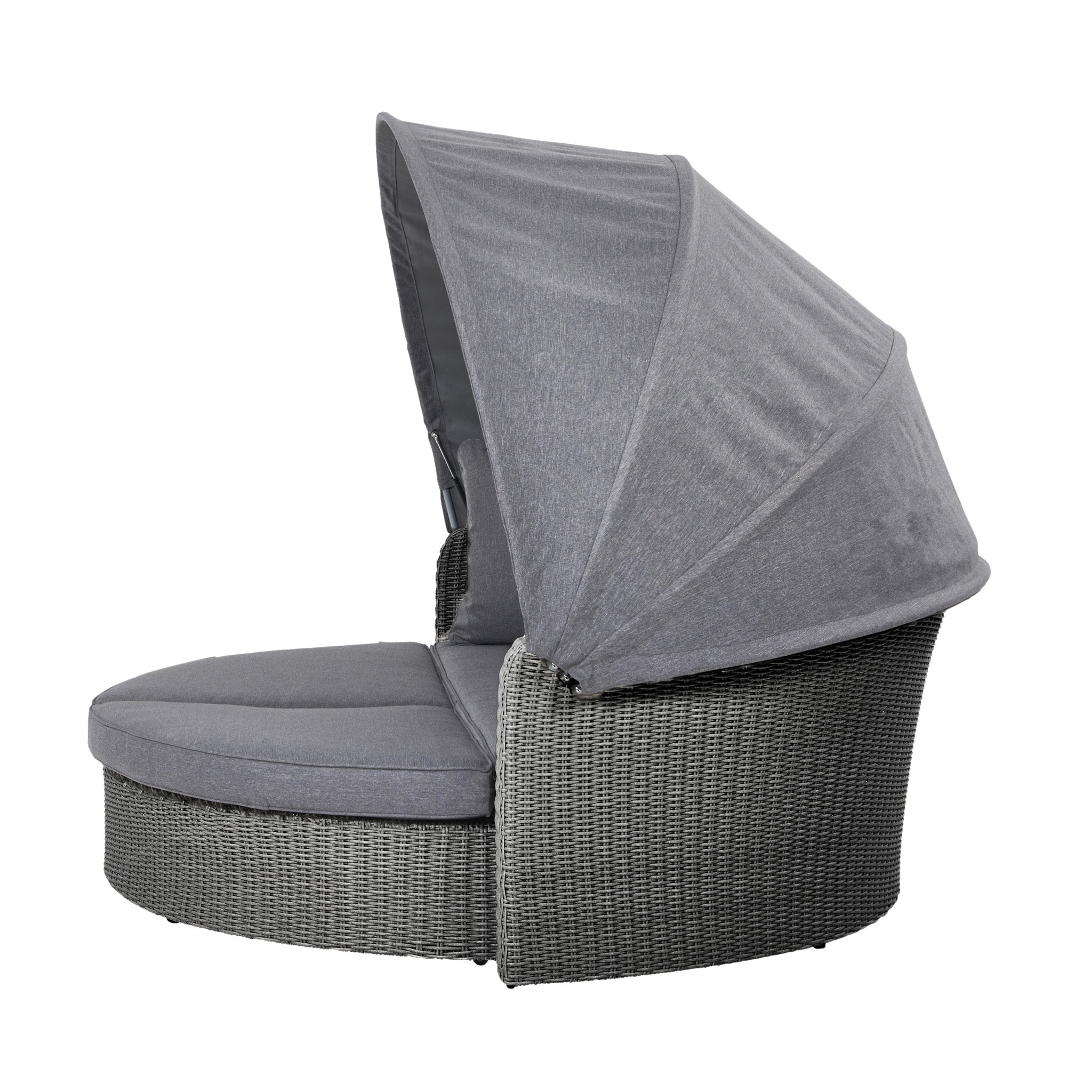 Explore the Pacific Lifestyle - Bermuda Daybed in Slate Grey, a round rattan daybed with a canopy and cushions, featuring a woven base. Its space-saving design and weatherproof materials make it ideal for outdoor relaxation.