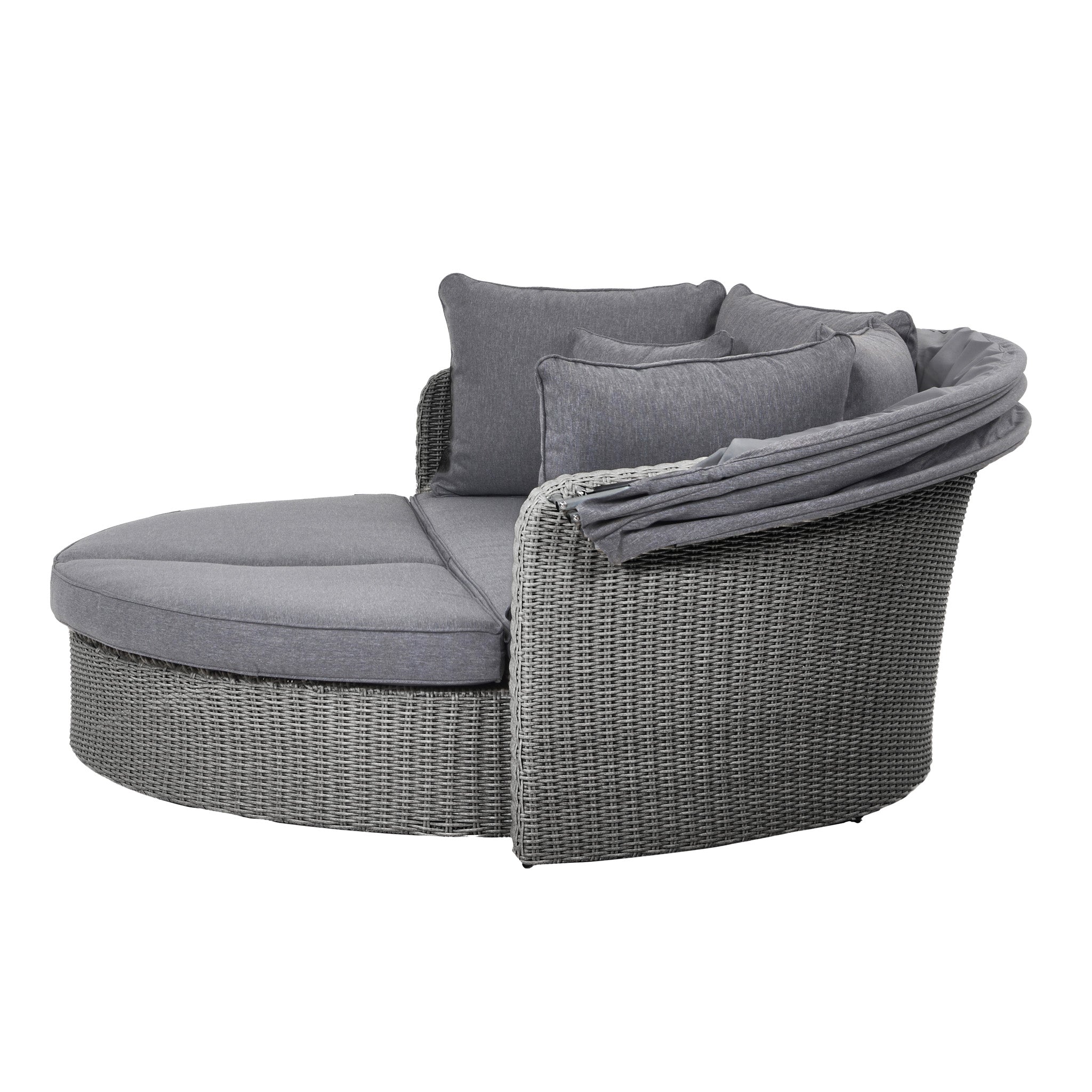 Discover the Pacific Lifestyle - Bermuda Daybed in Slate Grey: a round, grey wicker outdoor daybed with weatherproof cushions and a partial backrest, providing a chic and space-saving design.