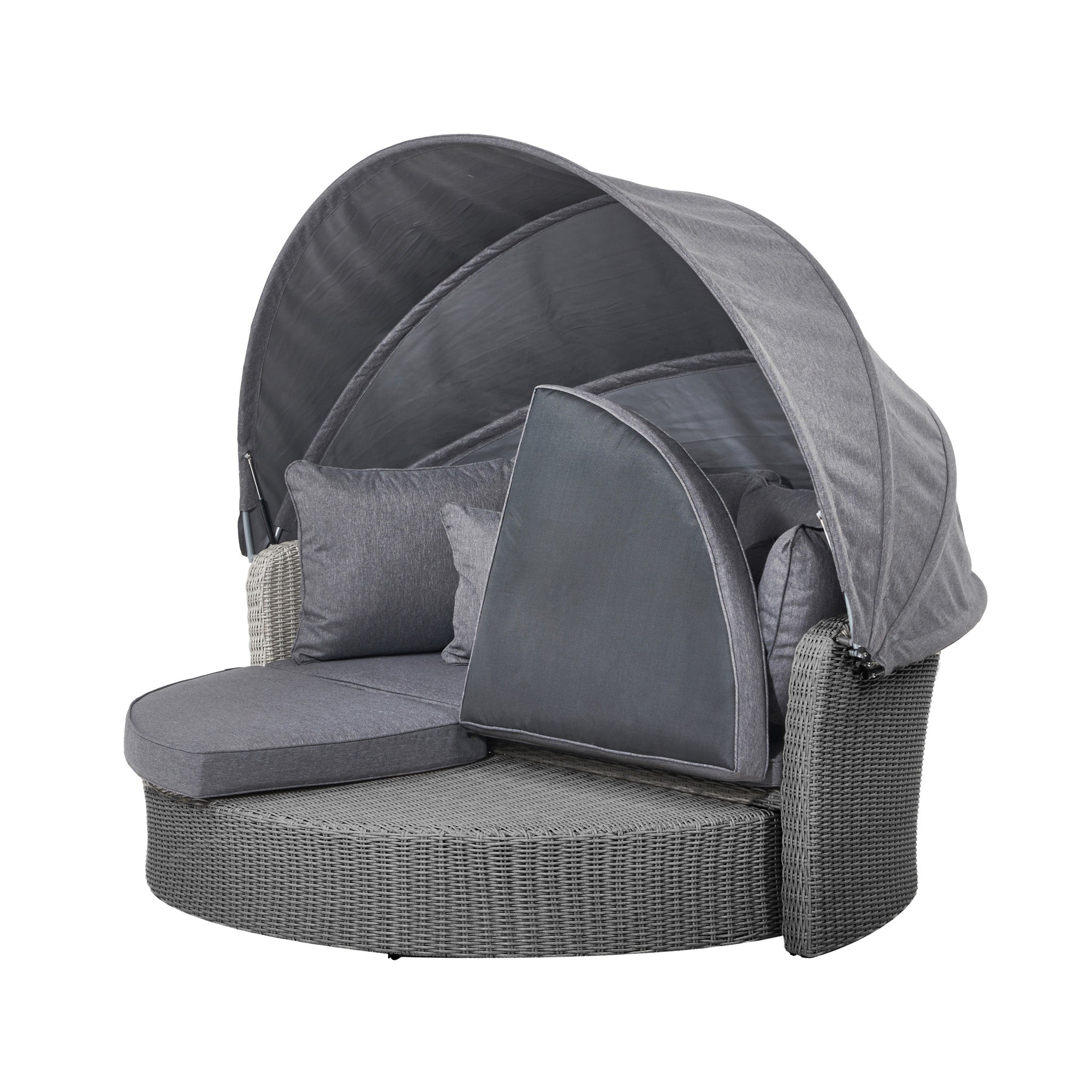 The Pacific Lifestyle Bermuda Daybed in Slate Grey is a round, space-saving wicker outdoor daybed with a canopy and cushions. Its weatherproof materials ensure durability, making it perfect for stylish relaxation in any outdoor setting.