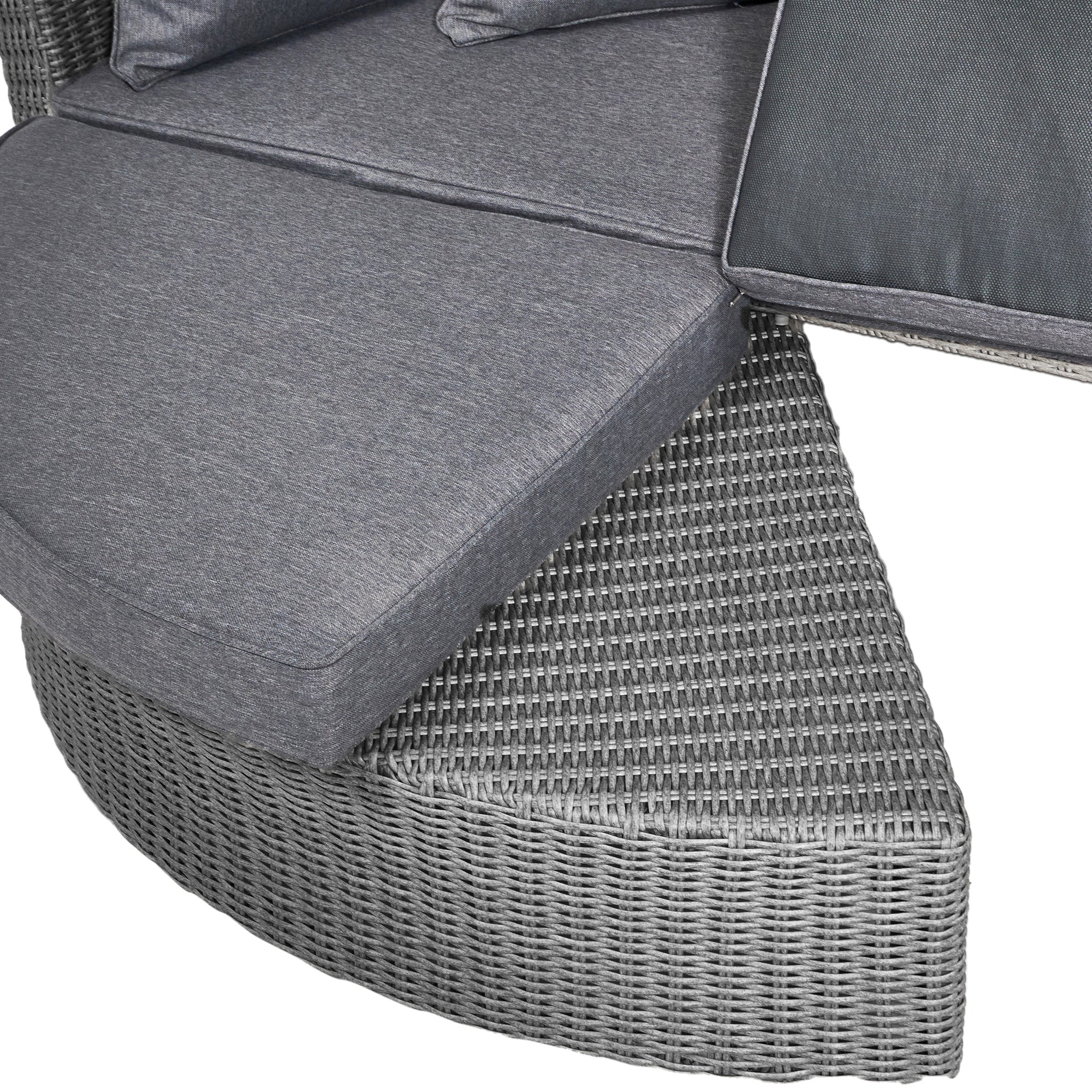 Close-up of the Pacific Lifestyle Bermuda Daybed in Slate Grey, highlighting its textured woven details and space-saving design.