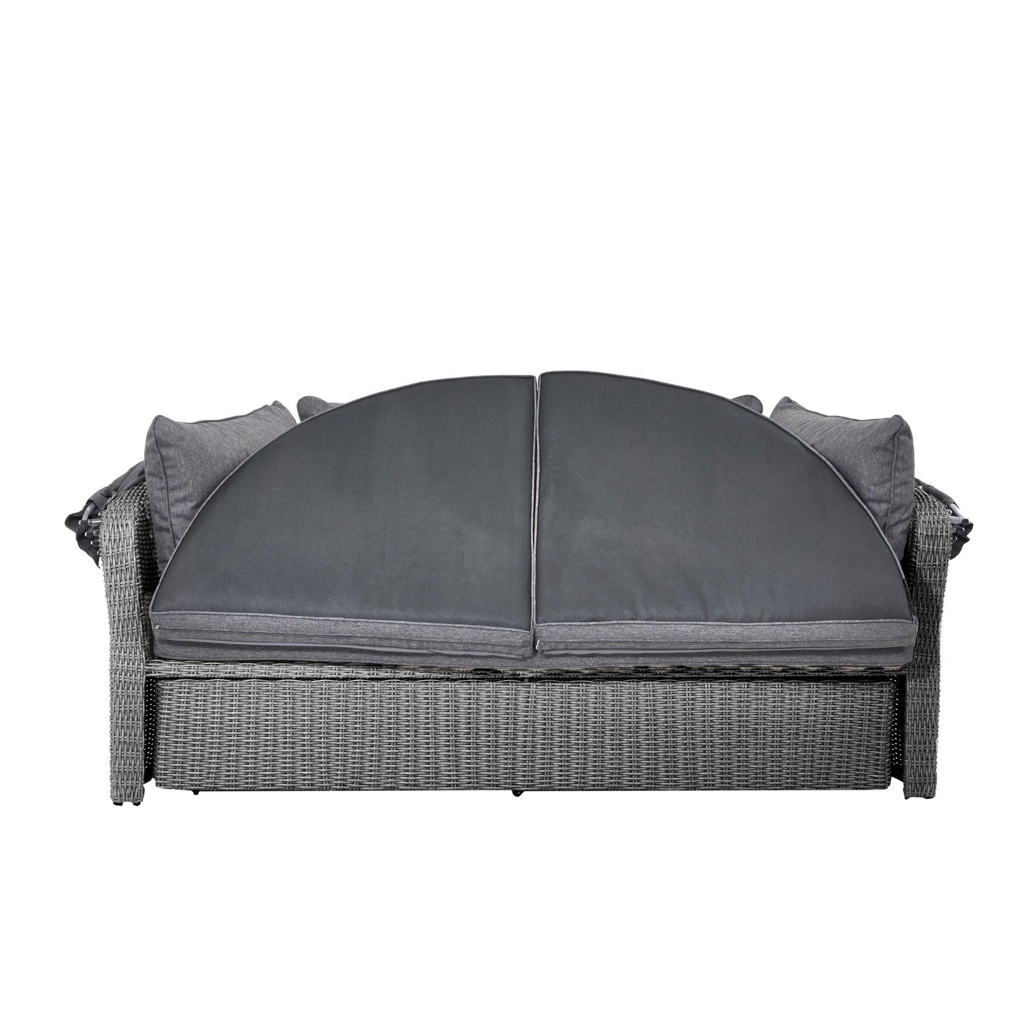 The Pacific Lifestyle Bermuda Daybed in Slate Grey features a space-saving design with two semi-circular backrests and dark cushions. This weatherproof gray wicker sofa is perfect for any patio, ensuring comfort and durability.