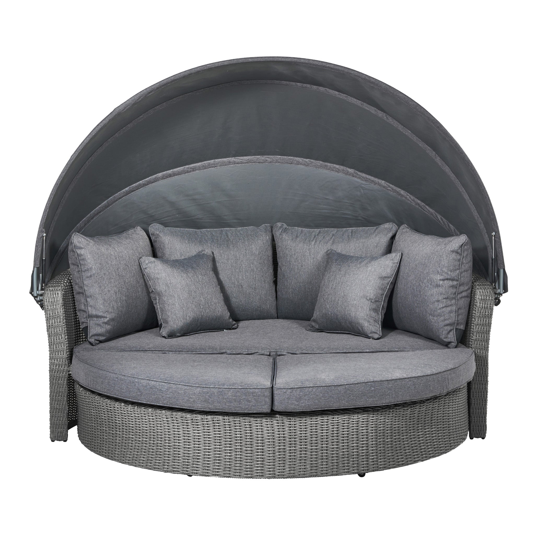 The Pacific Lifestyle Bermuda Daybed in Slate Grey features a stylish, space-saving design with grey cushions and a retractable canopy. Its weatherproof finish ensures durability, making it perfect for any patio and ideal for enjoying the outdoors year-round.