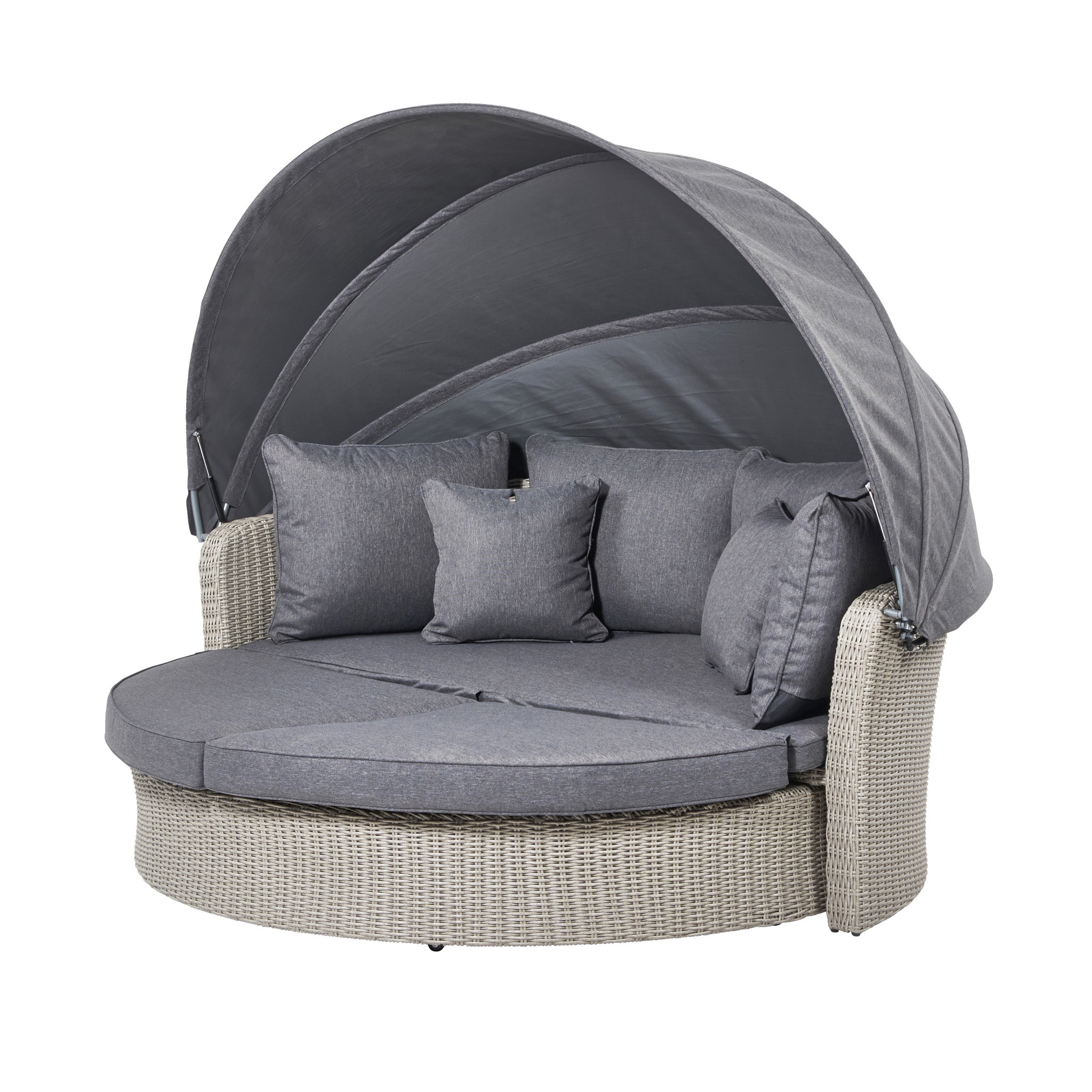 The Pacific Lifestyle - Bermuda Daybed in Stone Grey is a round wicker daybed with a gray canopy and cushions, made from weatherproof materials for long-lasting durability.