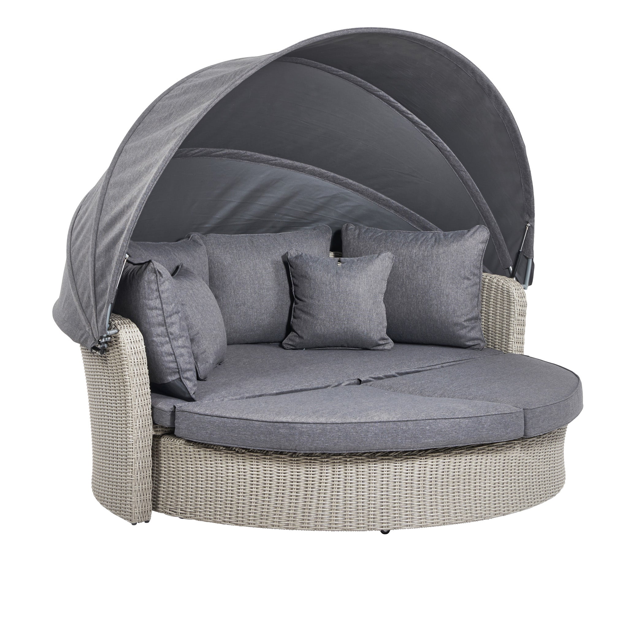 The Pacific Lifestyle Bermuda Daybed in Stone Grey boasts a round design with a canopy, plush cushions, and woven wicker base. Made from weatherproof material, it's the perfect durable relaxation spot for your outdoor oasis.