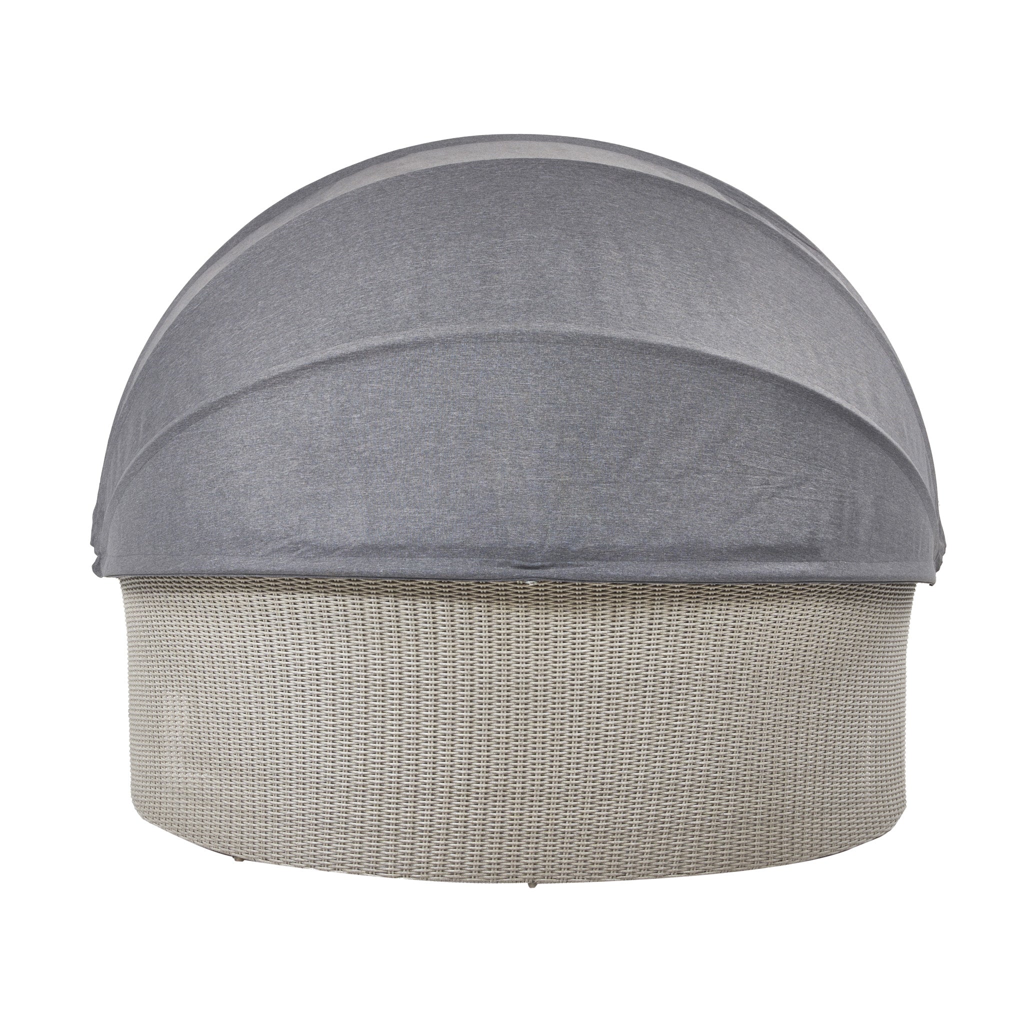 The Pacific Lifestyle Bermuda Daybed in Stone Grey features a round wicker chair with a weatherproof, gray fabric dome canopy, making it ideal for outdoor relaxation.