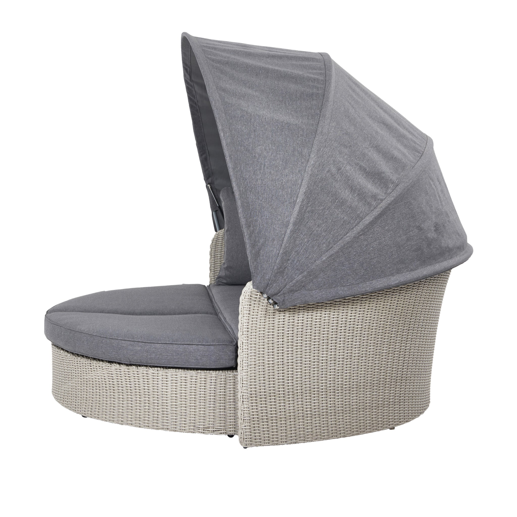 Profile view of stylish Pacific Lifestyle Bermuda Daybed in Stone Grey with a grey canopy and cushions, crafted from weatherproof material for lasting outdoor elegance.
