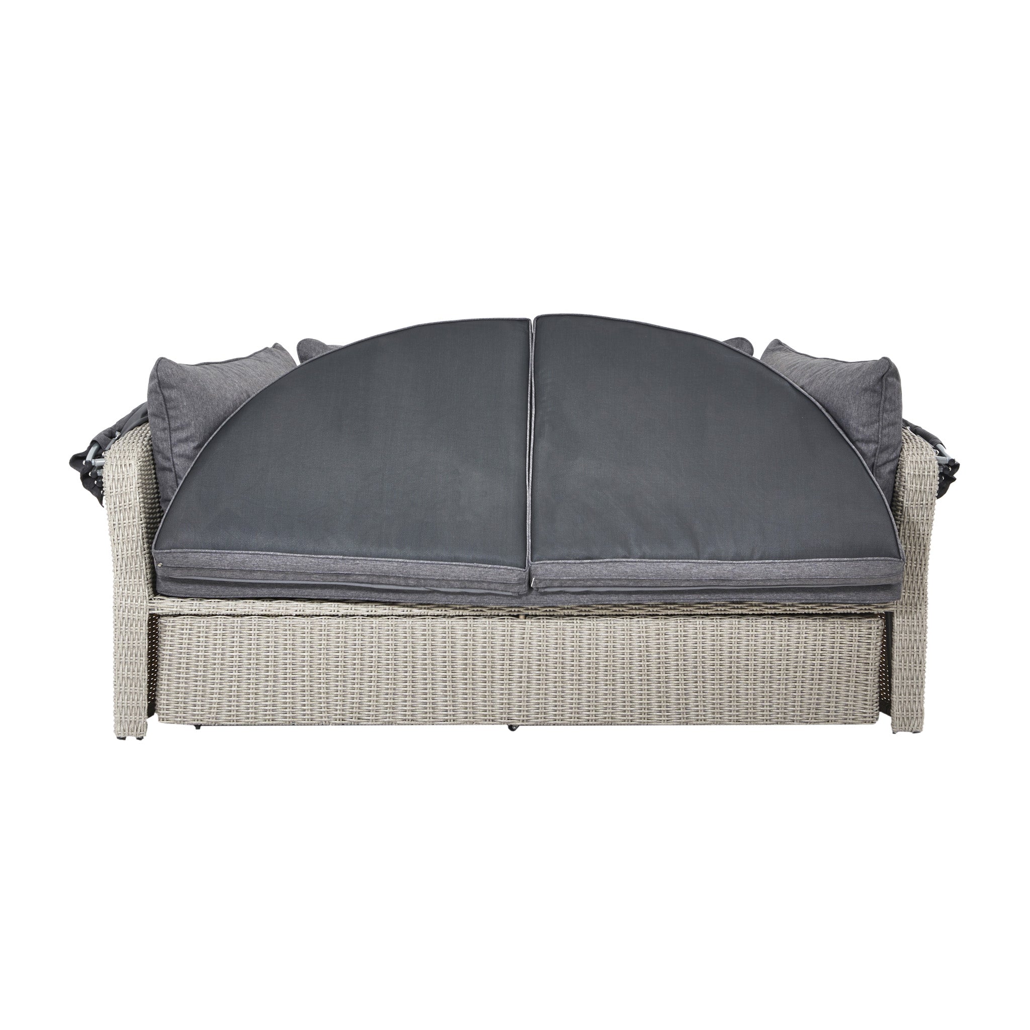 The Pacific Lifestyle - Bermuda Daybed in Stone Grey features back pillows, a folded semicircular canopy, and is crafted from weatherproof rattan, seen from the front.