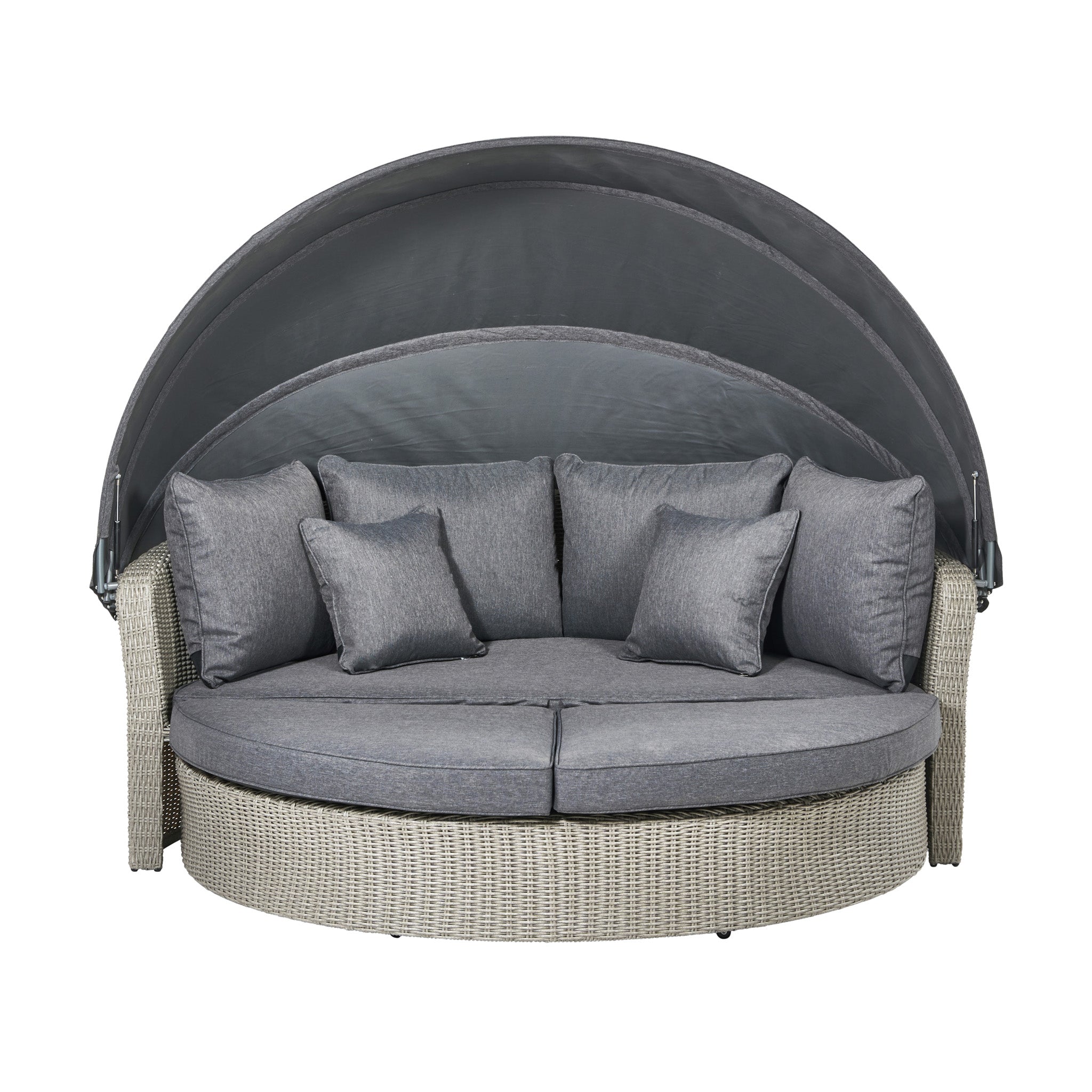 The Pacific Lifestyle - Bermuda Daybed in Stone Grey is a round rattan sofa with gray cushions and a retractable canopy, crafted from weatherproof material for outdoor relaxation all year.