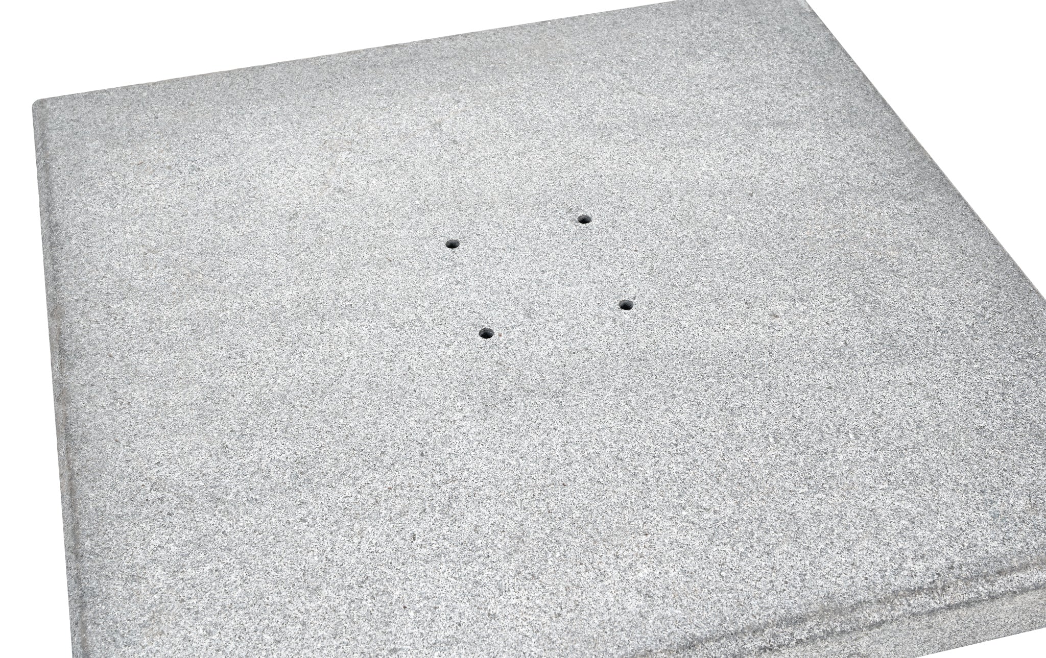 The Salerno parasol base by Pacific Lifestyle is a 90KG hammered grey granite square with four central holes, blending functionality and sleek design for your outdoor space.