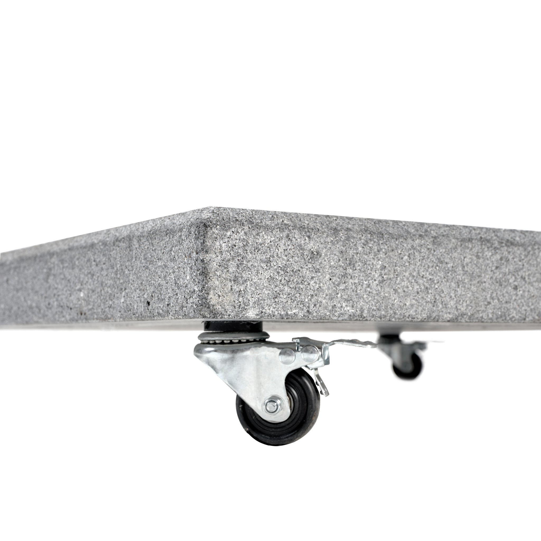 Close-up of a Pacific Lifestyle - Salerno Hammered Grey Granite 90KG parasol base with four swivel caster wheels on a white background.