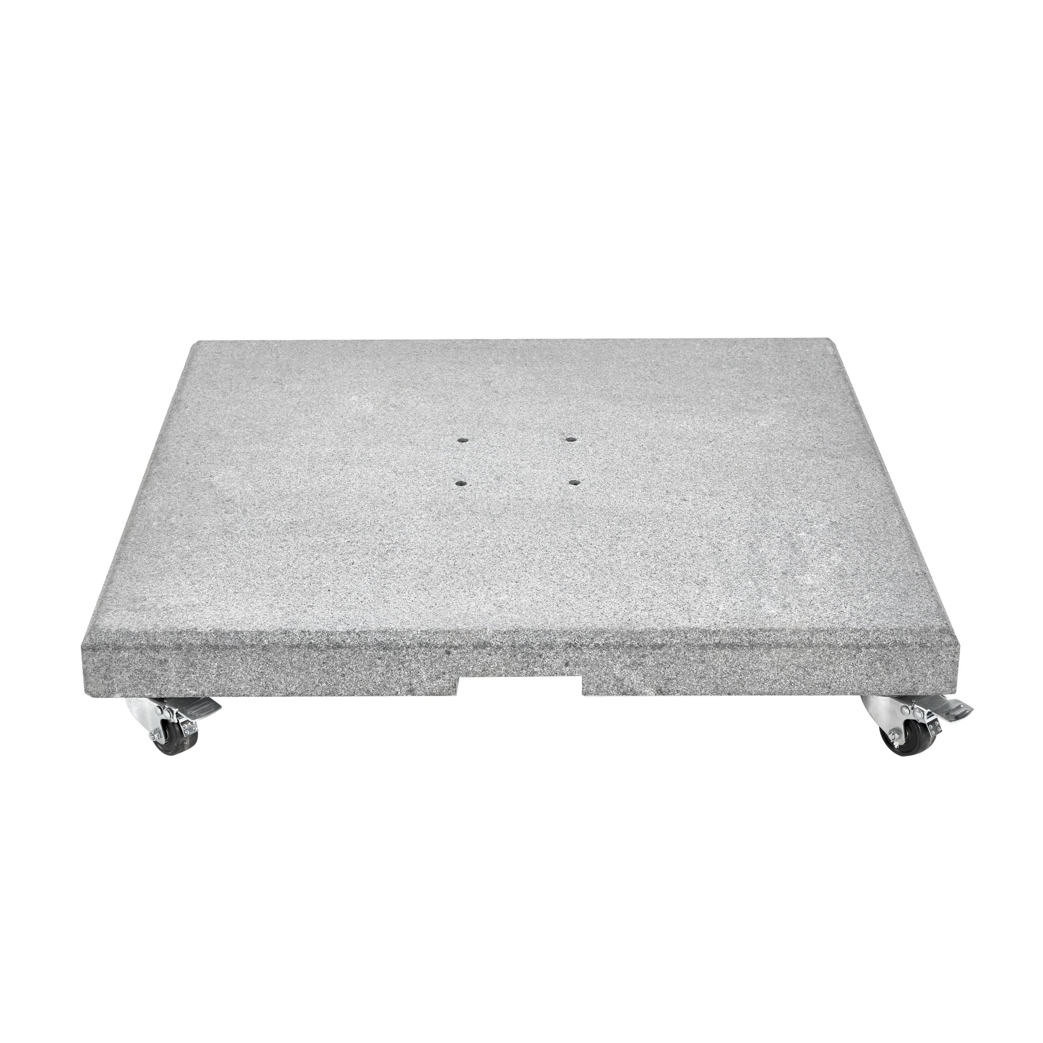The Pacific Lifestyle Salerno Hammered Grey Granite Wheeled Parasol Base, weighing 90KG, features a flat design with four casters, making it ideal for moving heavy items and versatile enough to use as a wheeled parasol base when needed.
