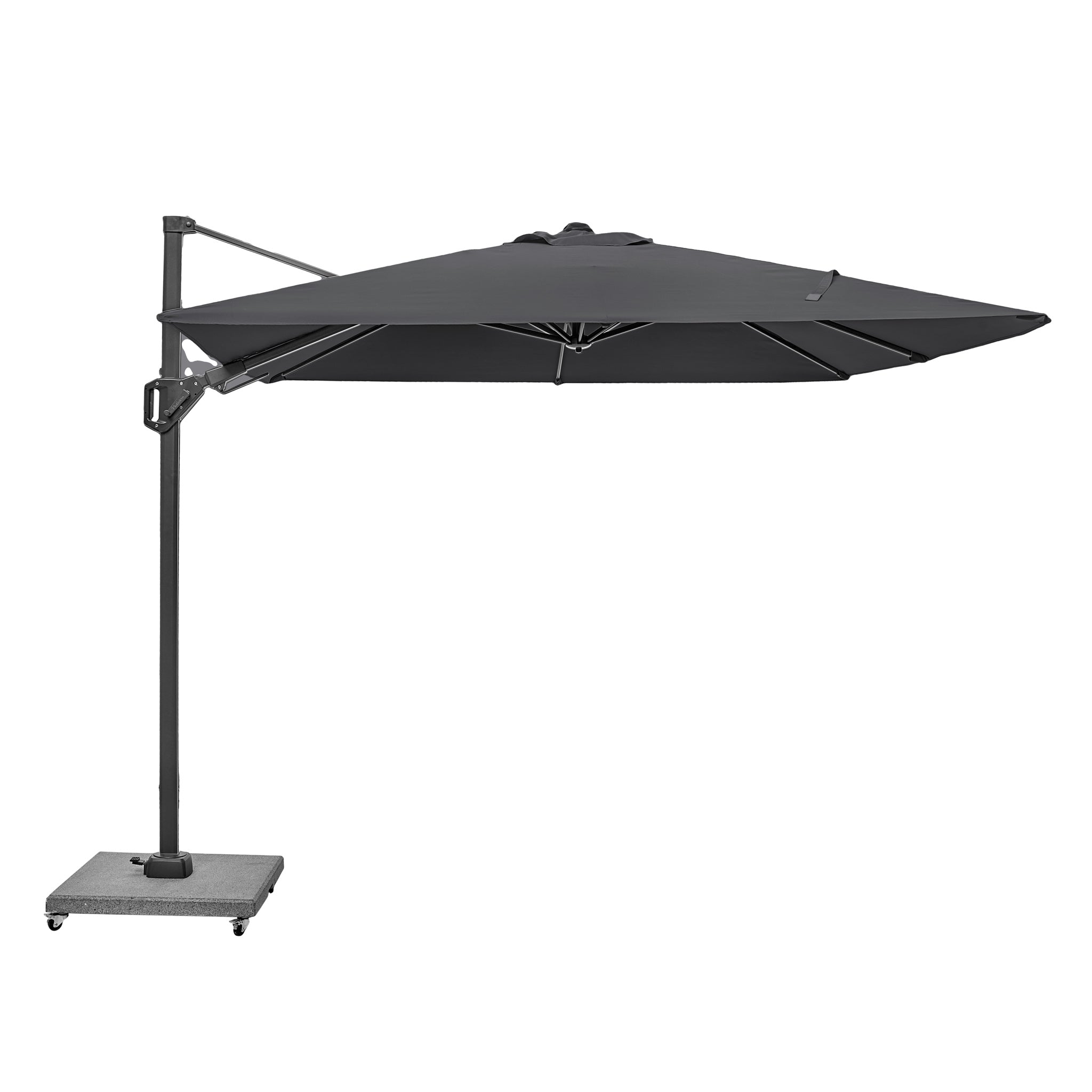 Introducing the Pacific Lifestyle Voyager T2, a stylish grey 2.7m square cantilever parasol with UPF35+ rating, offering excellent shade and protection outdoors. Its wheeled base ensures easy mobility.
