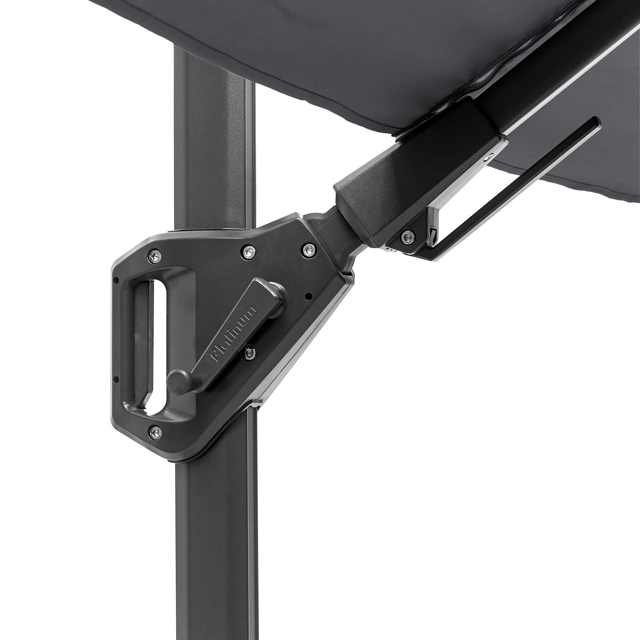 Close-up of the black adjustment mechanism and handle on the metal pole of the Pacific Lifestyle - Voyager T2 2.7m Square Parasol in Grey, featuring cantilever design and UPF35+ protection.
