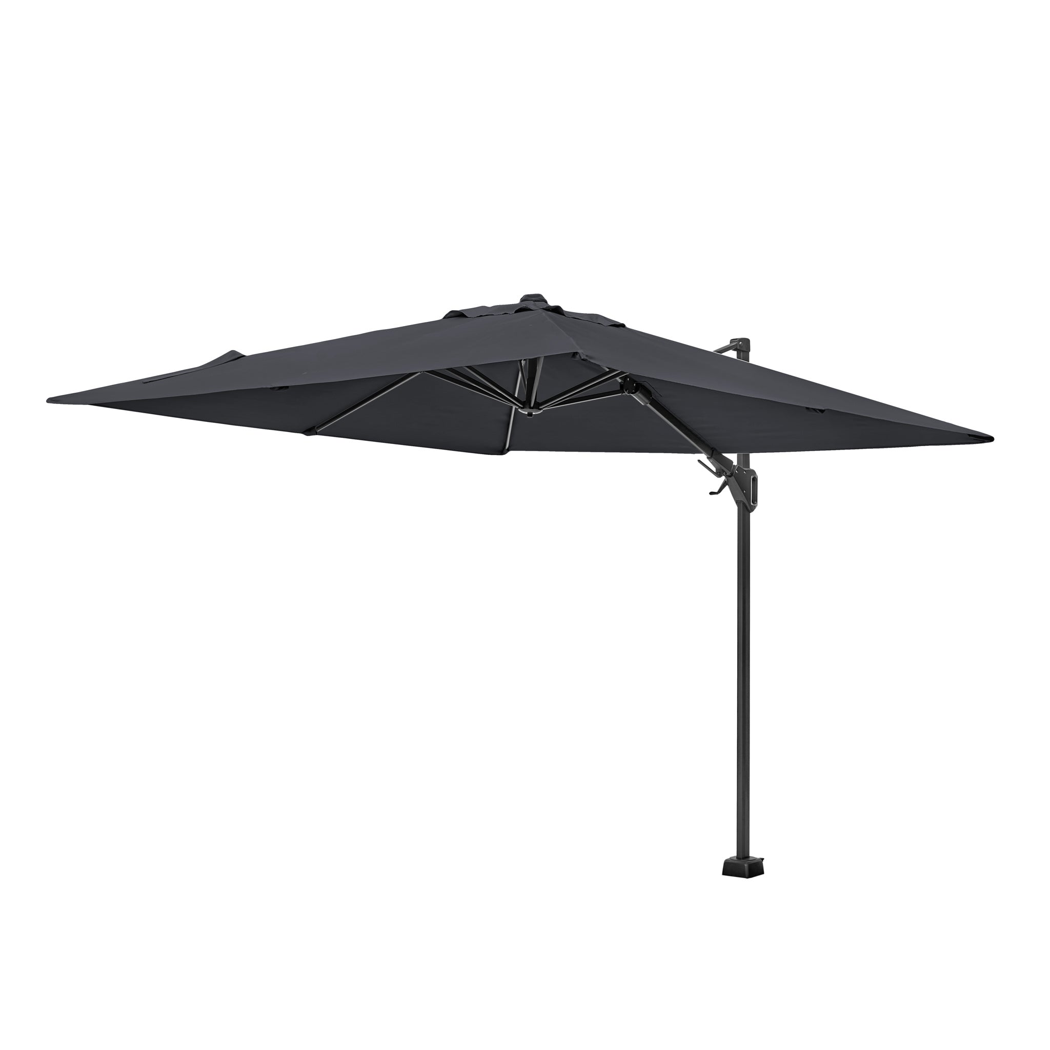 The Pacific Lifestyle Voyager T2, a sleek grey cantilever parasol, features a side pole and sturdy base, providing style and UPF35+ sun protection for your patio.