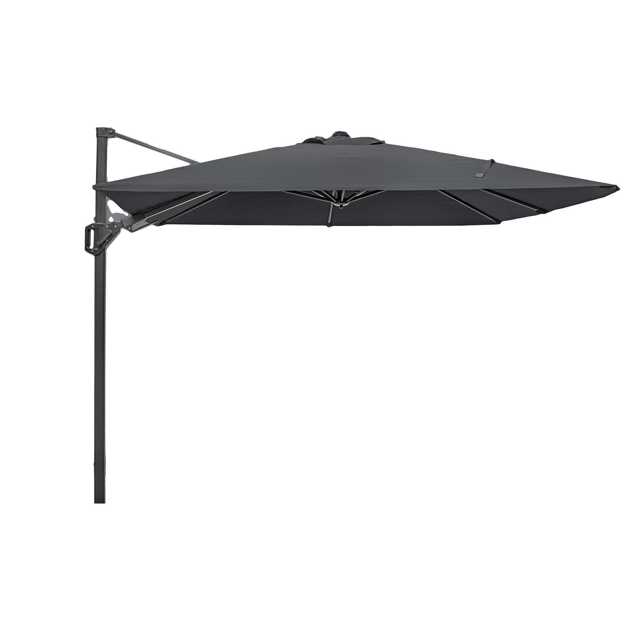 The Pacific Lifestyle Voyager T2 2.7m square parasol in grey features a UPF35+ rating, is supported by a sturdy metal stand, and has an elegant side view.