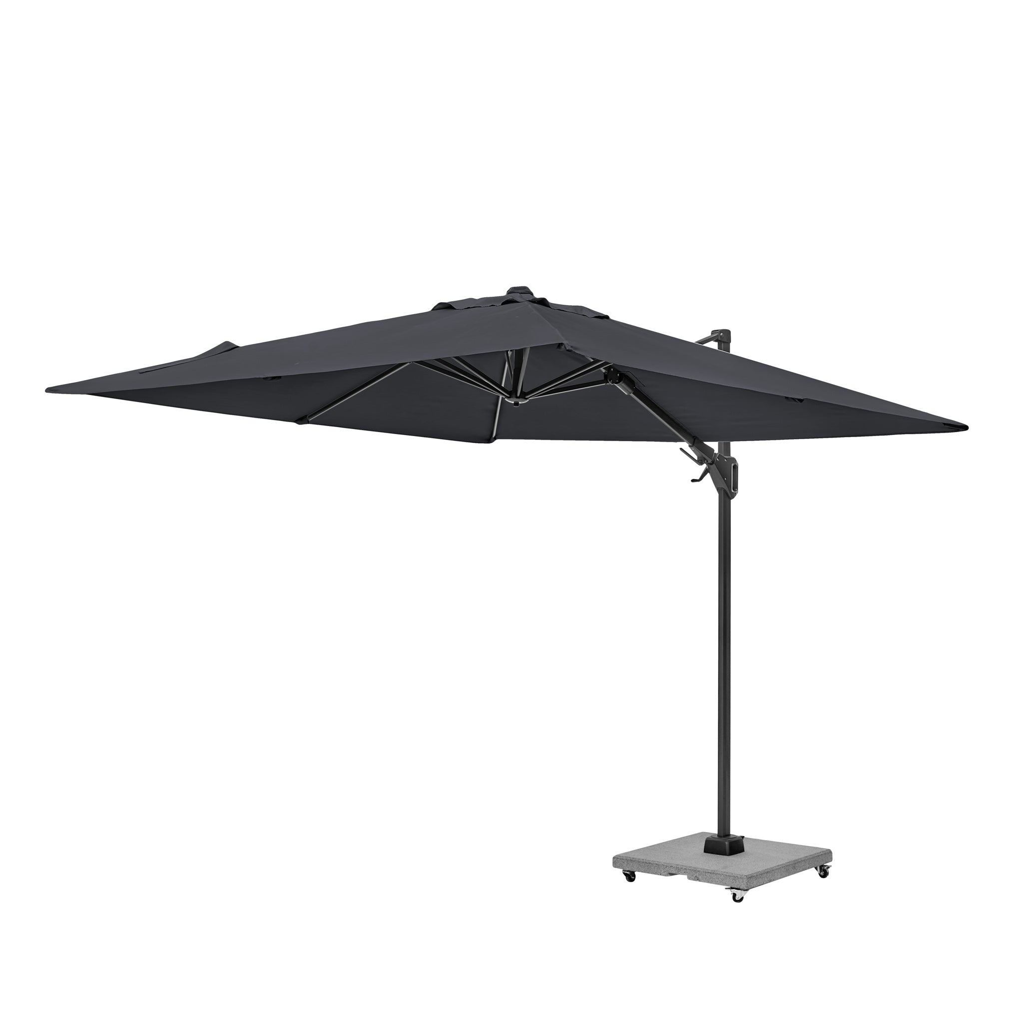 The Voyager T2 2.7m square parasol by Pacific Lifestyle offers a stylish grey design with UPF35+ protection, featuring a sturdy metal stand and wheeled base for mobility, perfect for sunny days.