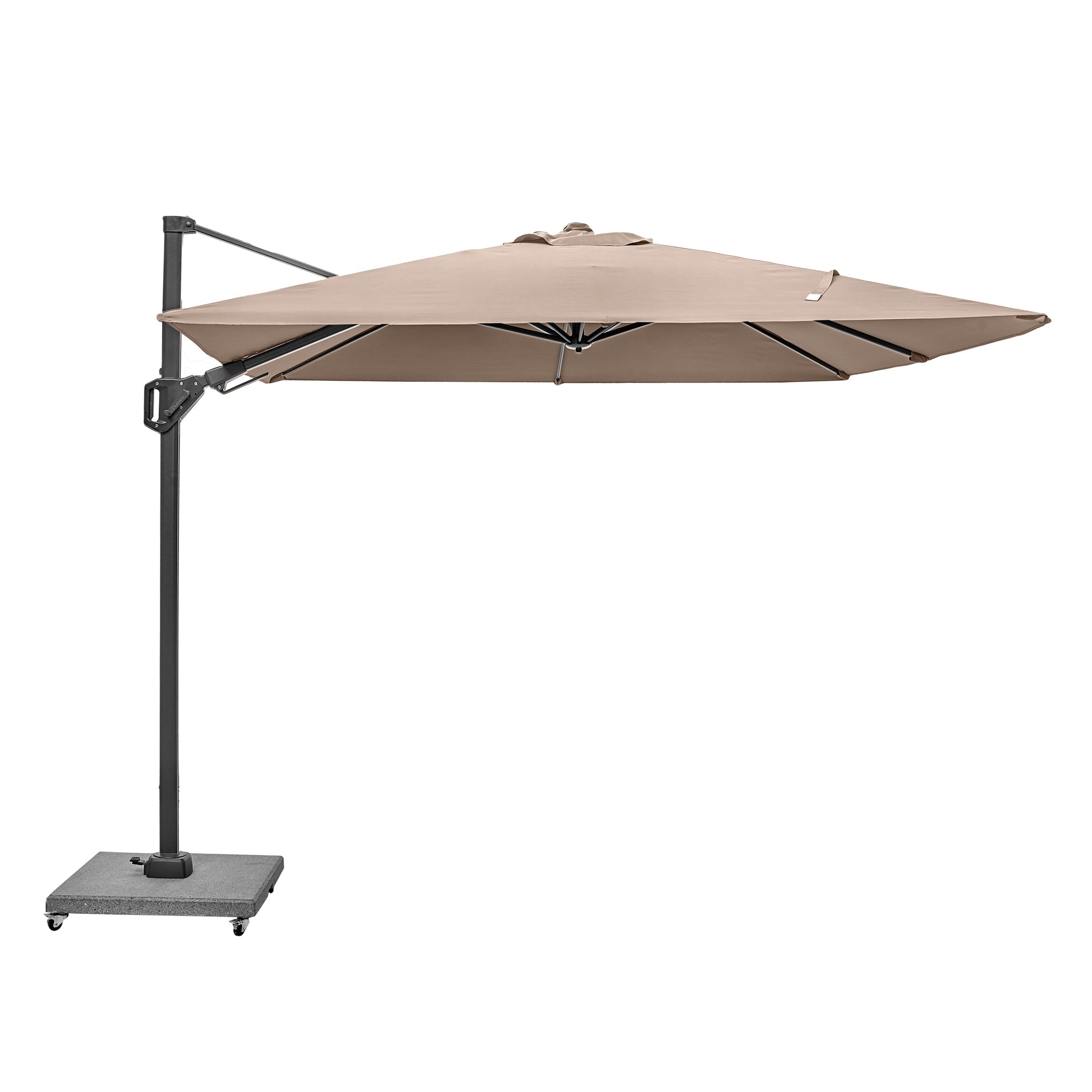The Pacific Lifestyle Voyager T2 2.7m Square Parasol in Grey combines a sleek black stand and a sturdy square base to offer style and UPF35+ protection for your outdoor space.