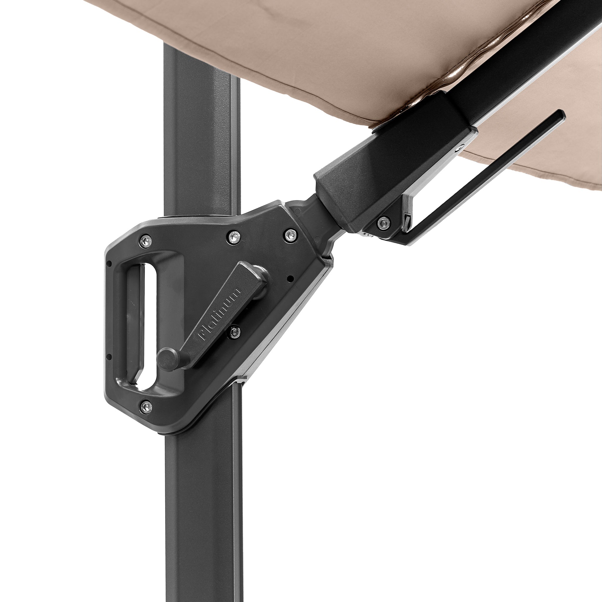 Close-up of the Pacific Lifestyle Voyager T2 2.7m Square Parasol's crank handle and pole in grey, with a beige canopy partially visible above, offering UPF35+ protection.