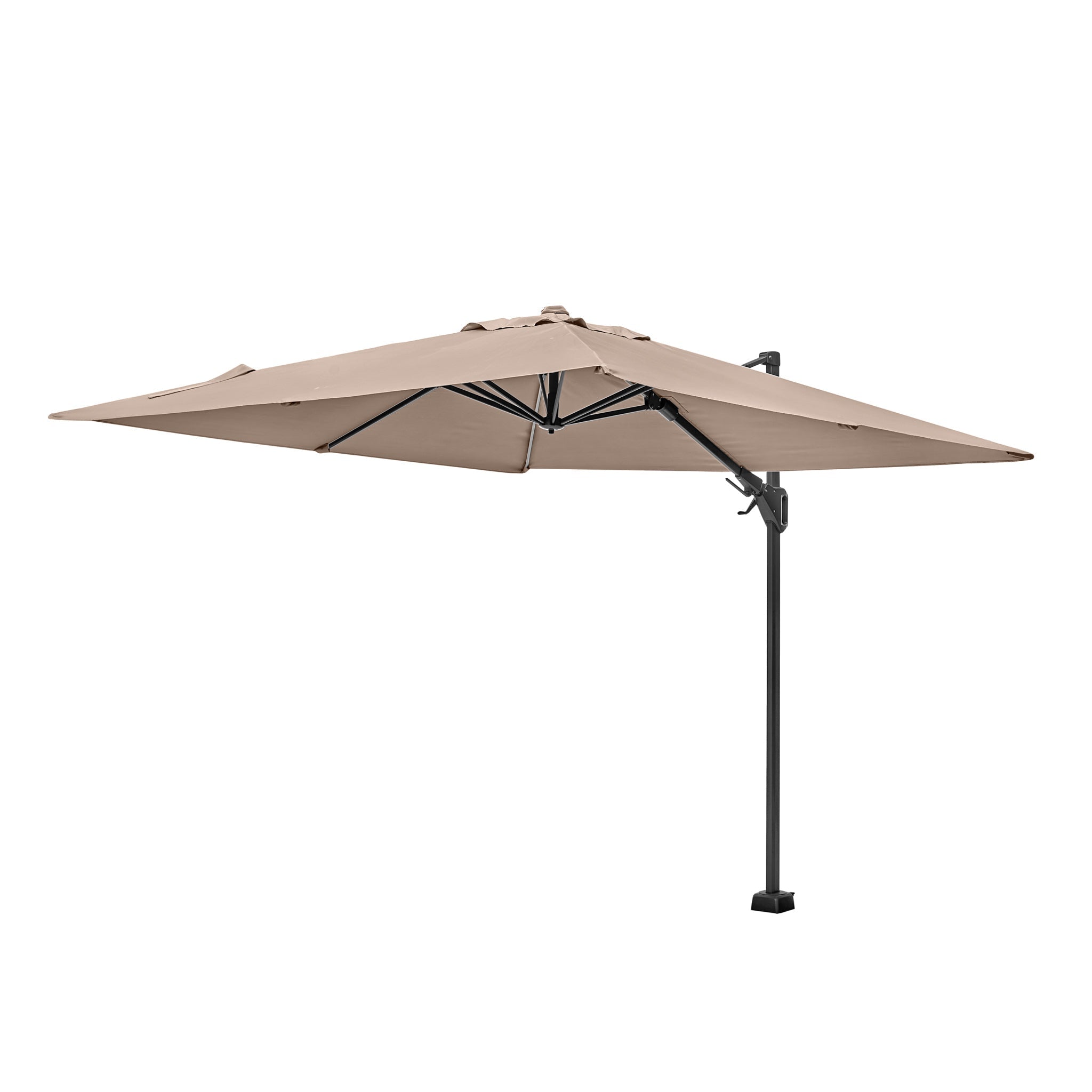 The Pacific Lifestyle Voyager T2 Grey Parasol offers UPF35+ protection with a side pole, a sleek black metal frame, and a 2.7m square canopy.