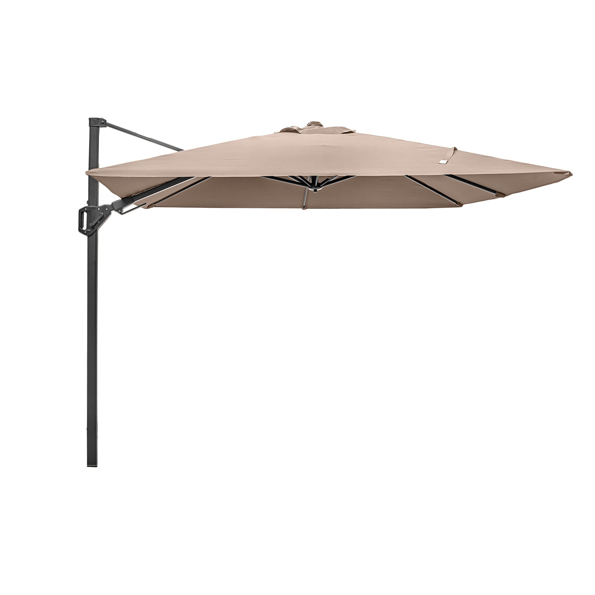 Side view of a Pacific Lifestyle Voyager T2 2.7m square parasol in grey, with a durable metal frame and crank handle for easy adjustment. This outdoor umbrella provides UPF35+ protection, perfect for sunny days.