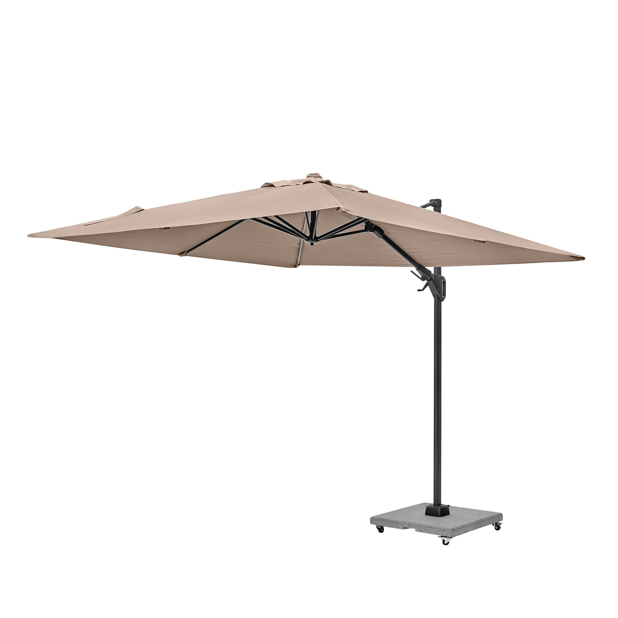 Discover the Pacific Lifestyle Voyager T2 2.7m Square Parasol in Grey, featuring a large canopy with UPF35+ protection. Its elegant design rests on a sturdy black pole and square base, offering both style and functionality for your outdoor space.
