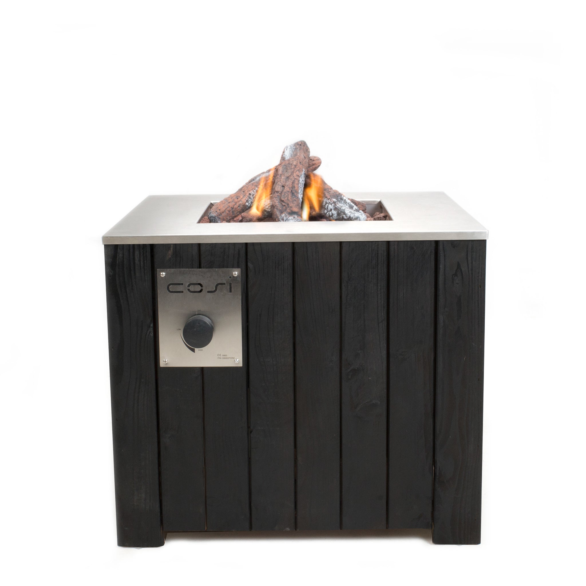 The Cosi Cosicube 70 Black Fire Pit boasts a black square design and stainless steel top that displays burning logs for a warm ambiance. Propane-powered, it combines style and functionality for outdoor gatherings.