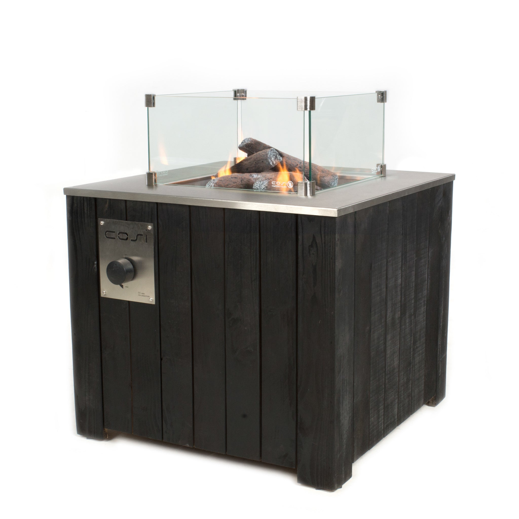Introducing the Cosi - Cosicube 70 Black Fire Pit, a modern outdoor centerpiece with a sleek glass shield. It features a black wooden exterior, metal controls, and runs on propane gas, adding stylish warmth to your space.