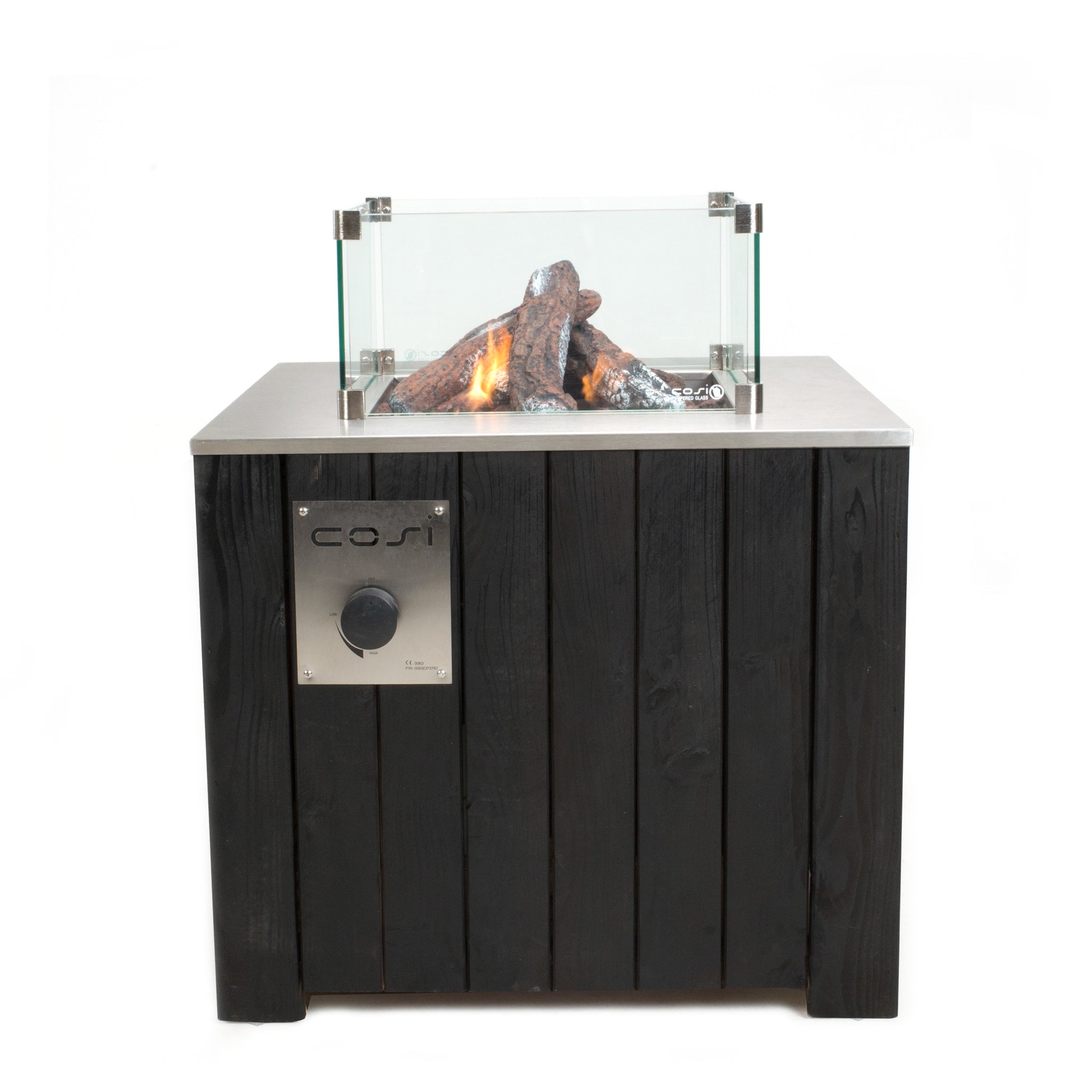 The Cosi - Cosicube 70 Black Fire Pit, featuring sleek black panels and a glass enclosure, includes a front-facing control knob for easy propane gas access.