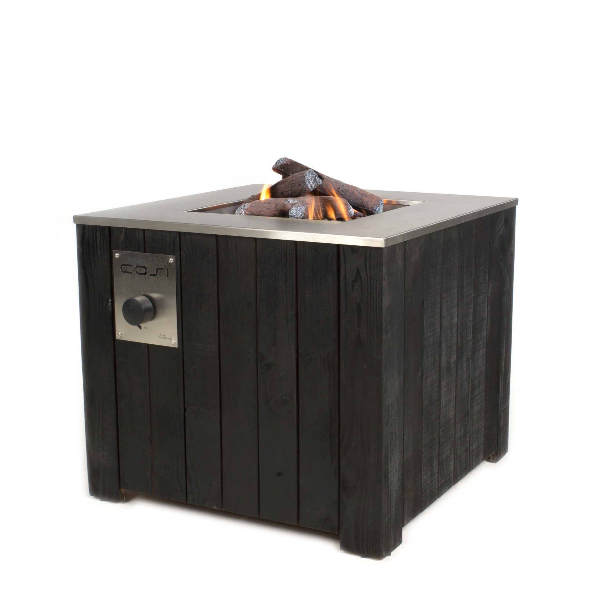 The Cosi - Cosicube 70 Black Fire Pit is a sleek square black unit with faux logs and a handy propane gas control knob on its side.