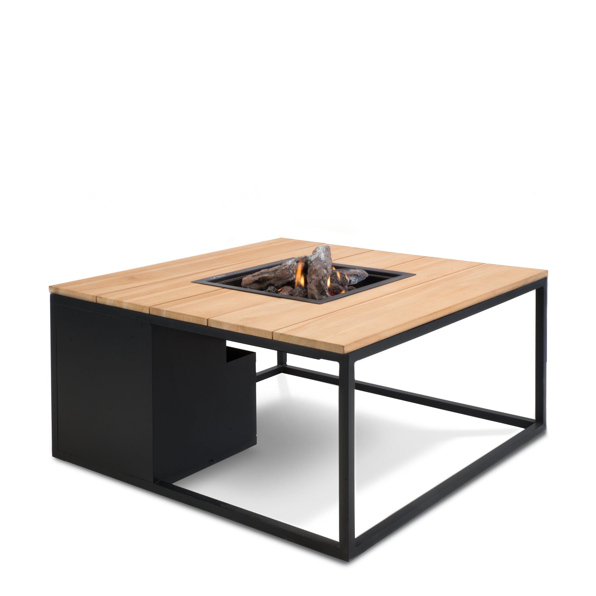 Cosi - Cosiloft 100 Black and Teak Fire Pit Table: a weatherproof square fire table with a teak wood top, black metal frame, and a small central flame.