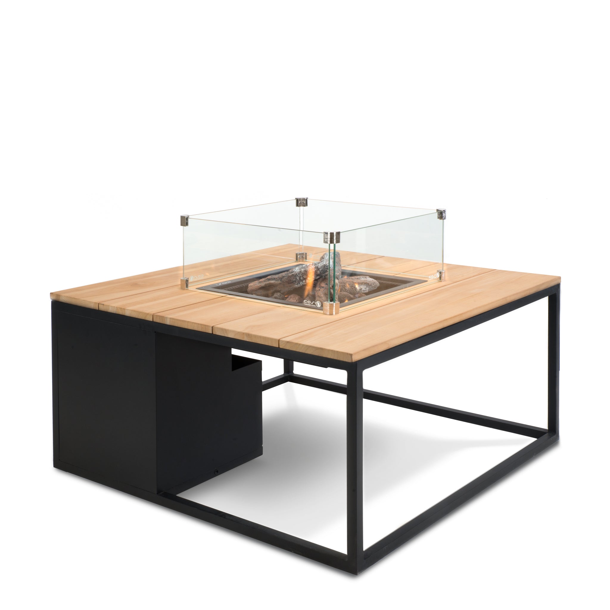 The Cosi - Cosiloft 100 Black and Teak Fire Pit Table features a square metal and glass-enclosed top with a modern open-frame. Constructed from durable teak wood, it provides weatherproof elegance for any outdoor setting.