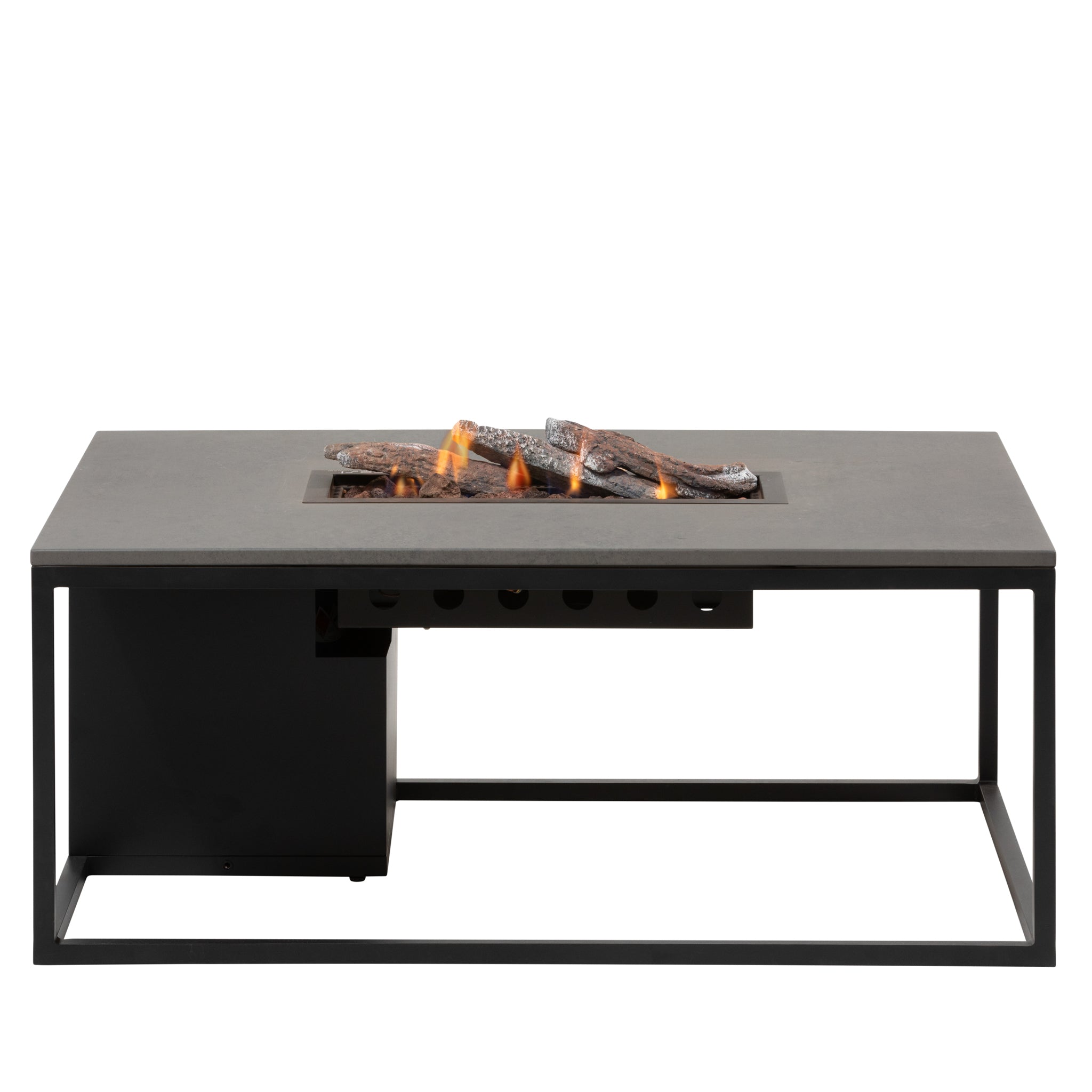 The Cosi - Cosiloft 120 Black and Grey Fire Pit Table enhances your outdoor space with its sleek, modern rectangular design and visible flames.