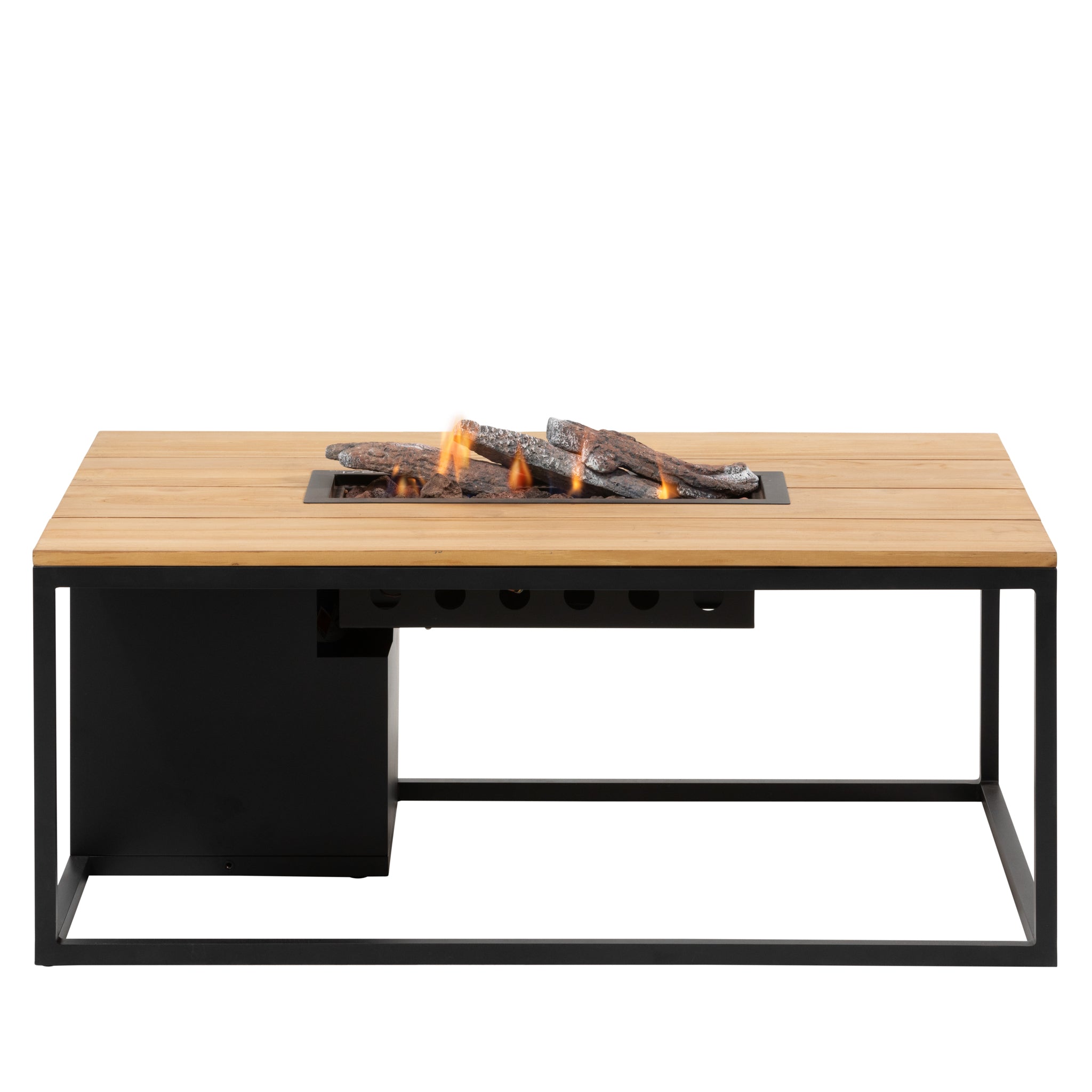 The Cosi - Cosiloft 120 Black and Teak Fire Pit Table is a stylish rectangular, wooden outdoor fire table with a black metal frame and center burning logs. Crafted with a concrete effect, it's weatherproof, ensuring durability in any condition.