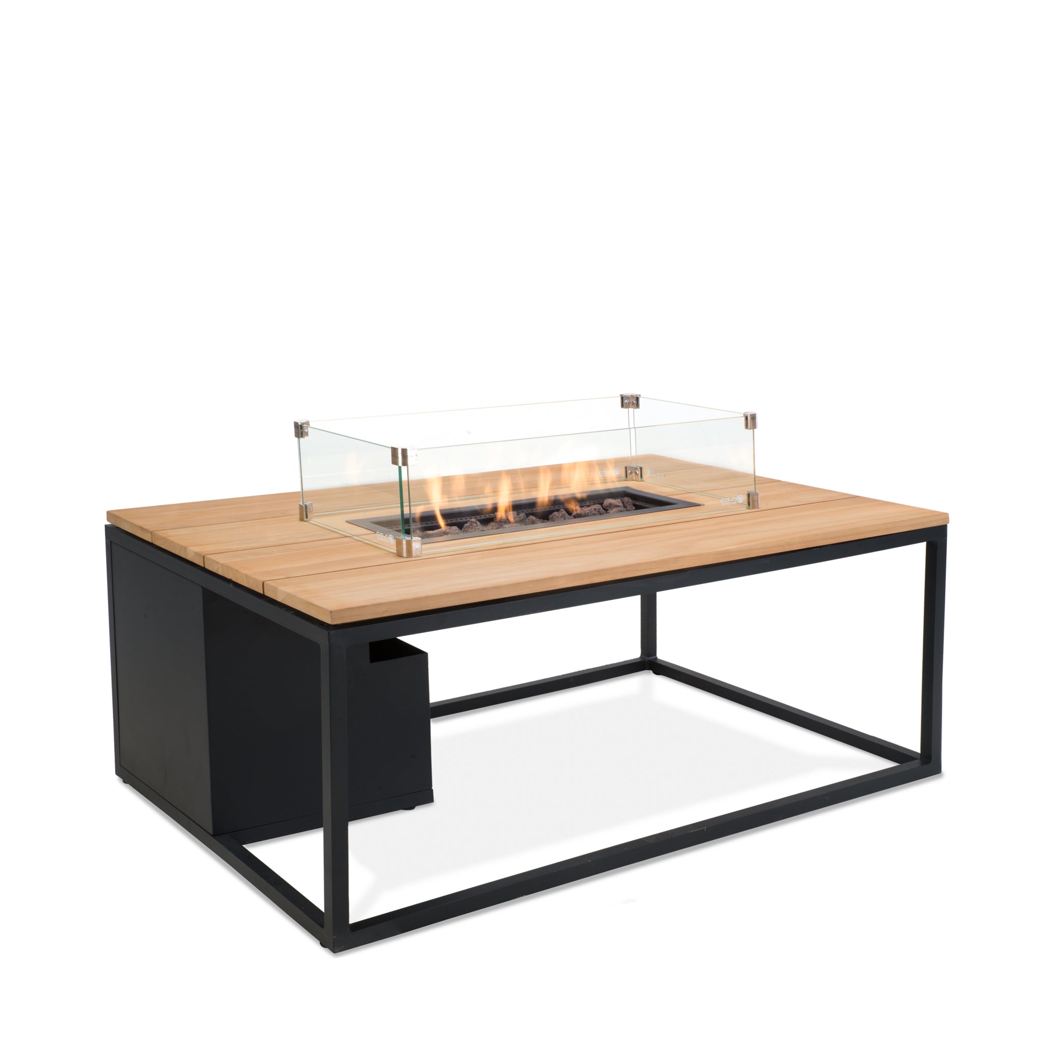 The Cosi - Cosiloft 120 Black and Teak Fire Pit Table features a weatherproof wooden top, glass enclosure, and sleek black metal frame.
