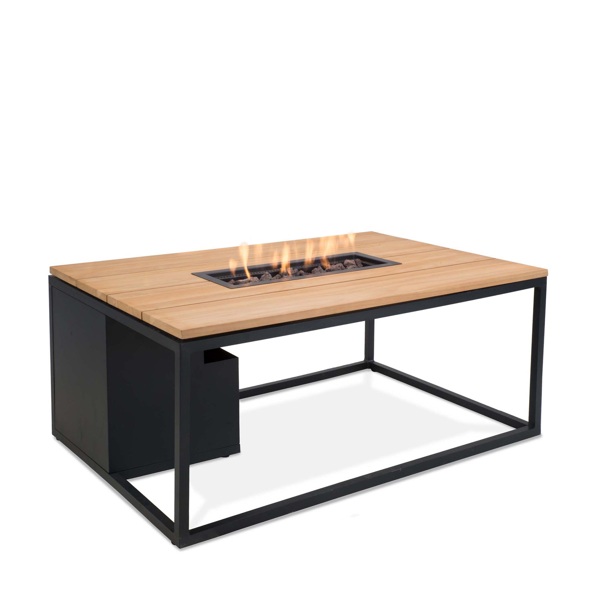 The Cosi - Cosiloft 120 Black and Teak Fire Pit Table is a modern rectangular fire pit with a teak wood top and black metal frame, featuring a central flame and weatherproof design.