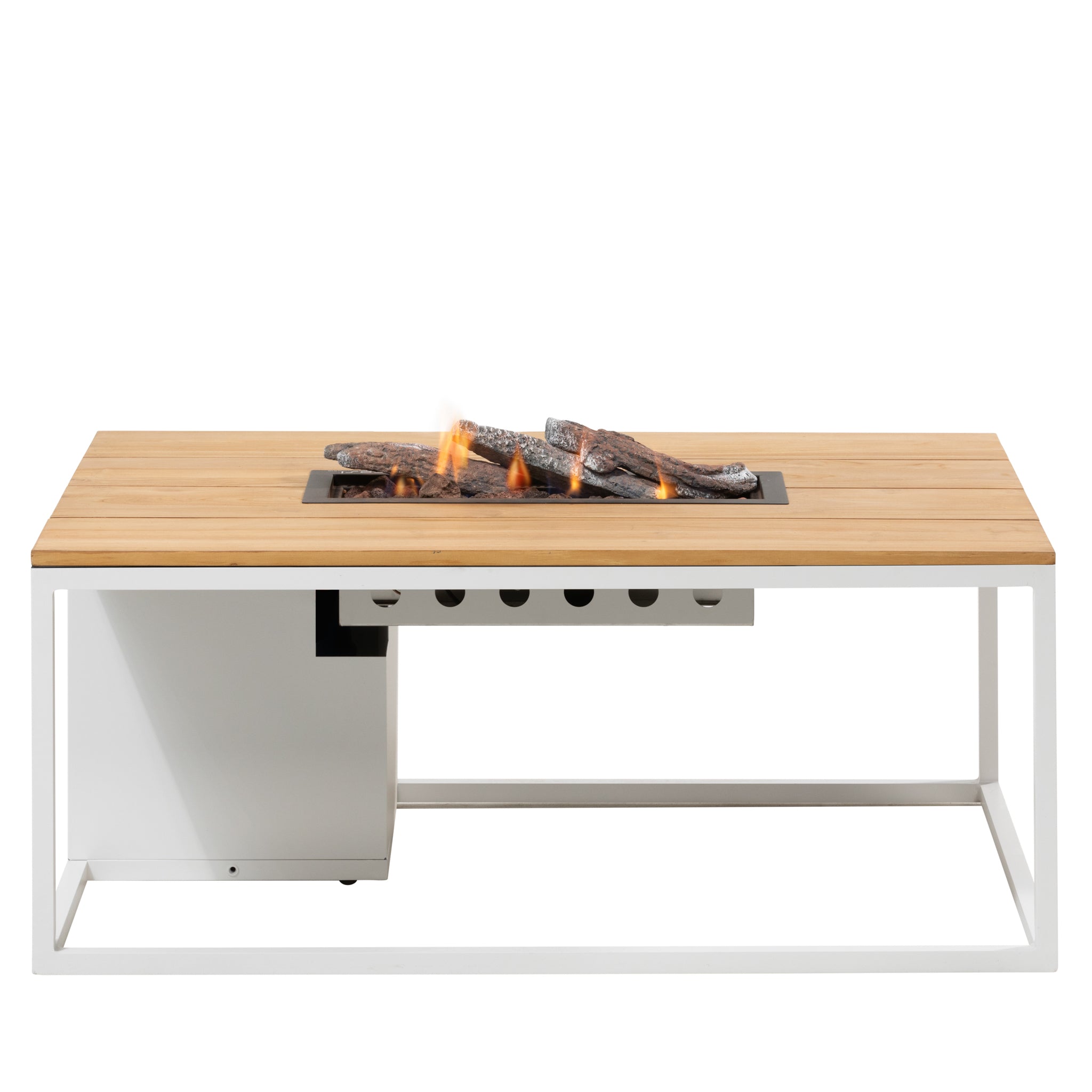 The Cosi - Cosiloft 120 White and Teak Fire Pit Table features a weatherproof rectangular wooden top, white metal frame, and flickering flames, ideal for outdoor lounging.
