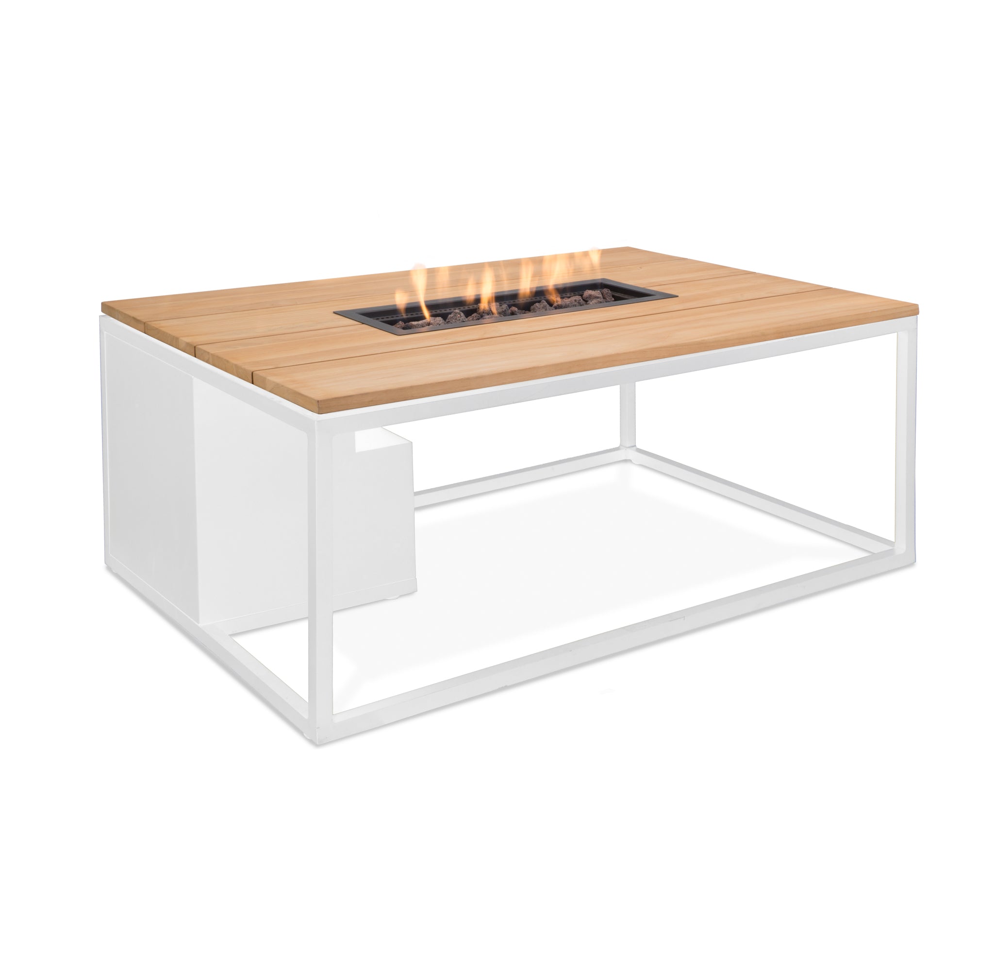 The Cosi - Cosiloft 120 White and Teak Fire Pit Table features a rectangular flame in the center with a teak top and white metal frame, perfect for outdoor lounging. Its weatherproof design ensures durability all year round.