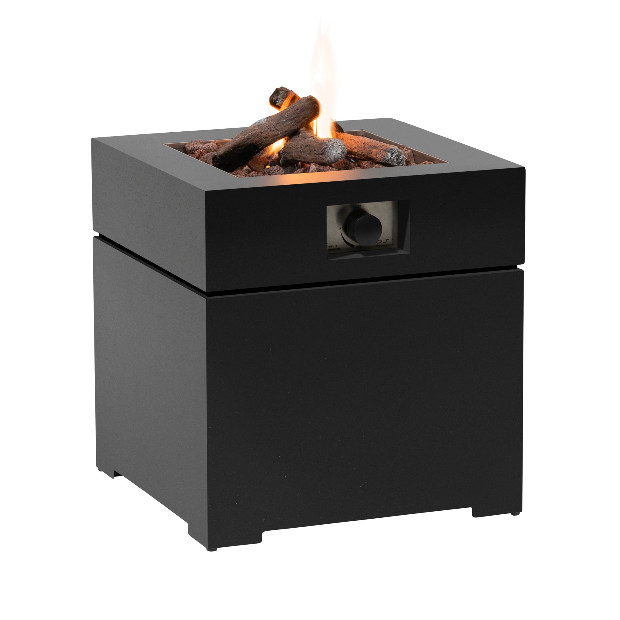 The Cosi - Cosibrixx 60 Anthracite Fire Pit boasts a sleek square design in black with a small flame and faux logs on top. With electric ignition, it seamlessly blends style and convenience for outdoor gatherings.