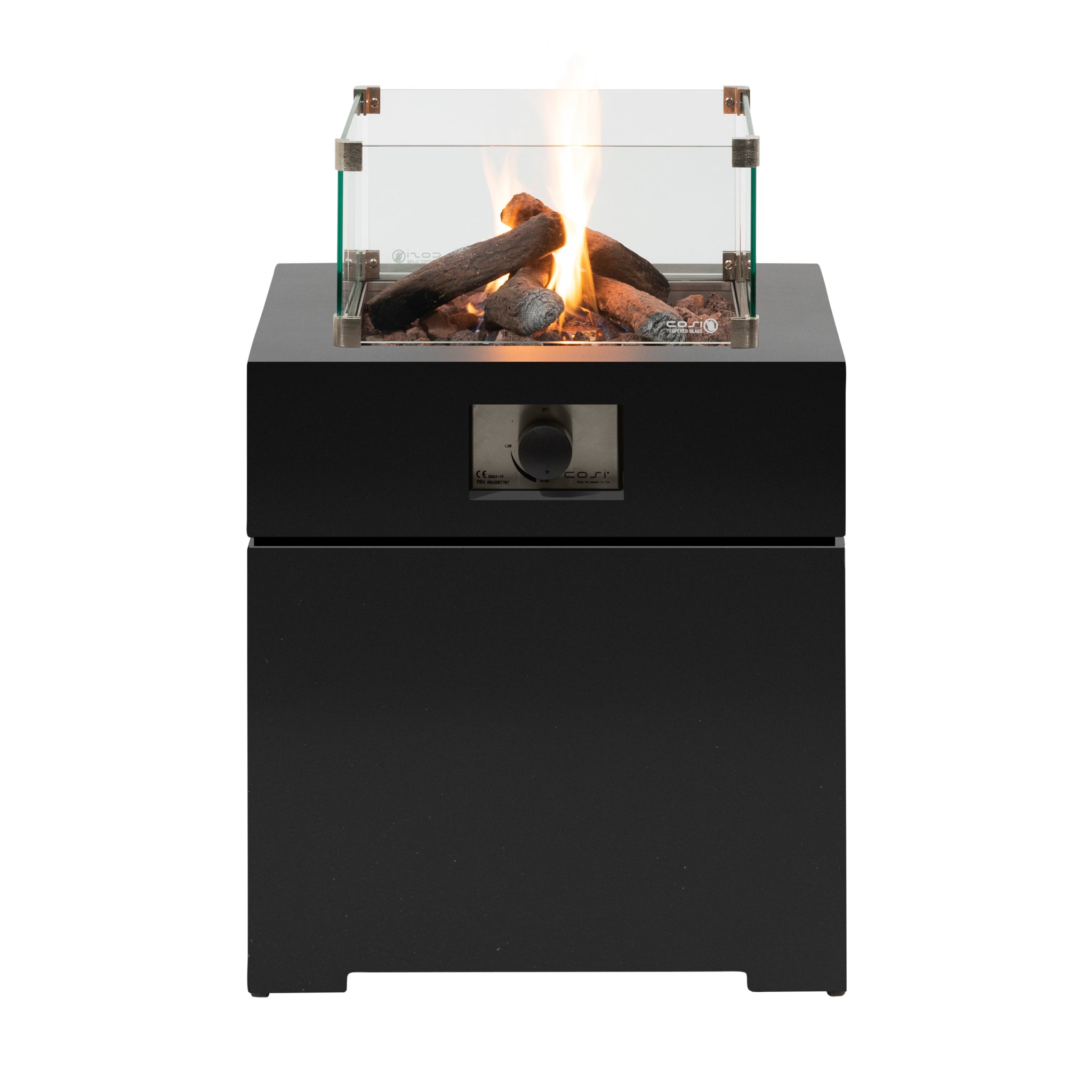 The Cosi - Cosibrixx 60 Anthracite Fire Pit is a sleek fire pit featuring an elegant glass shield, vibrant flame, and decorative rocks. Its electric ignition effortlessly blends style with convenience for a perfect outdoor gathering experience.