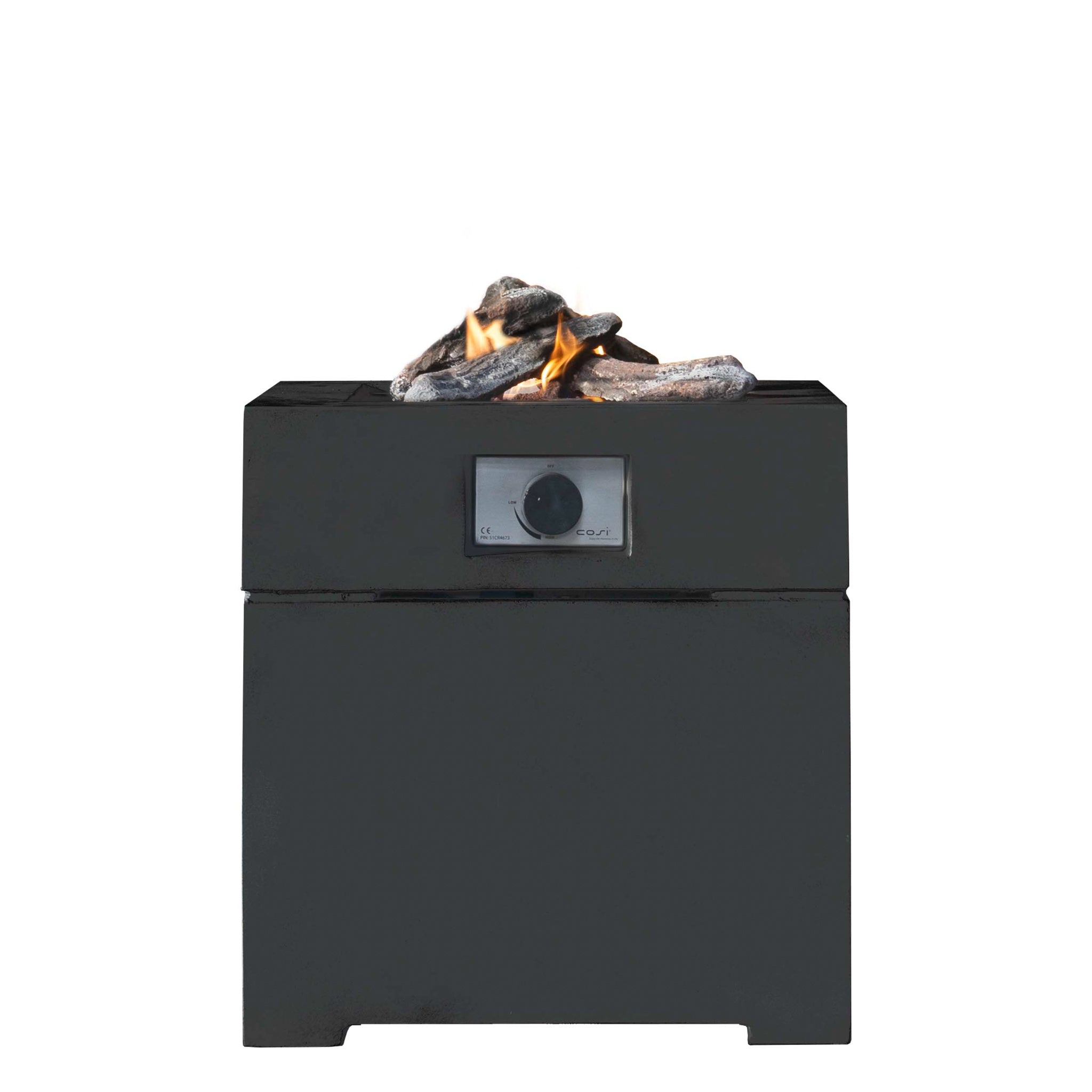 The Cosi Cosibrixx 60 Anthracite Fire Pit showcases a sleek black square design with gray stones and small flames, and it features an electric ignition for easy lighting.