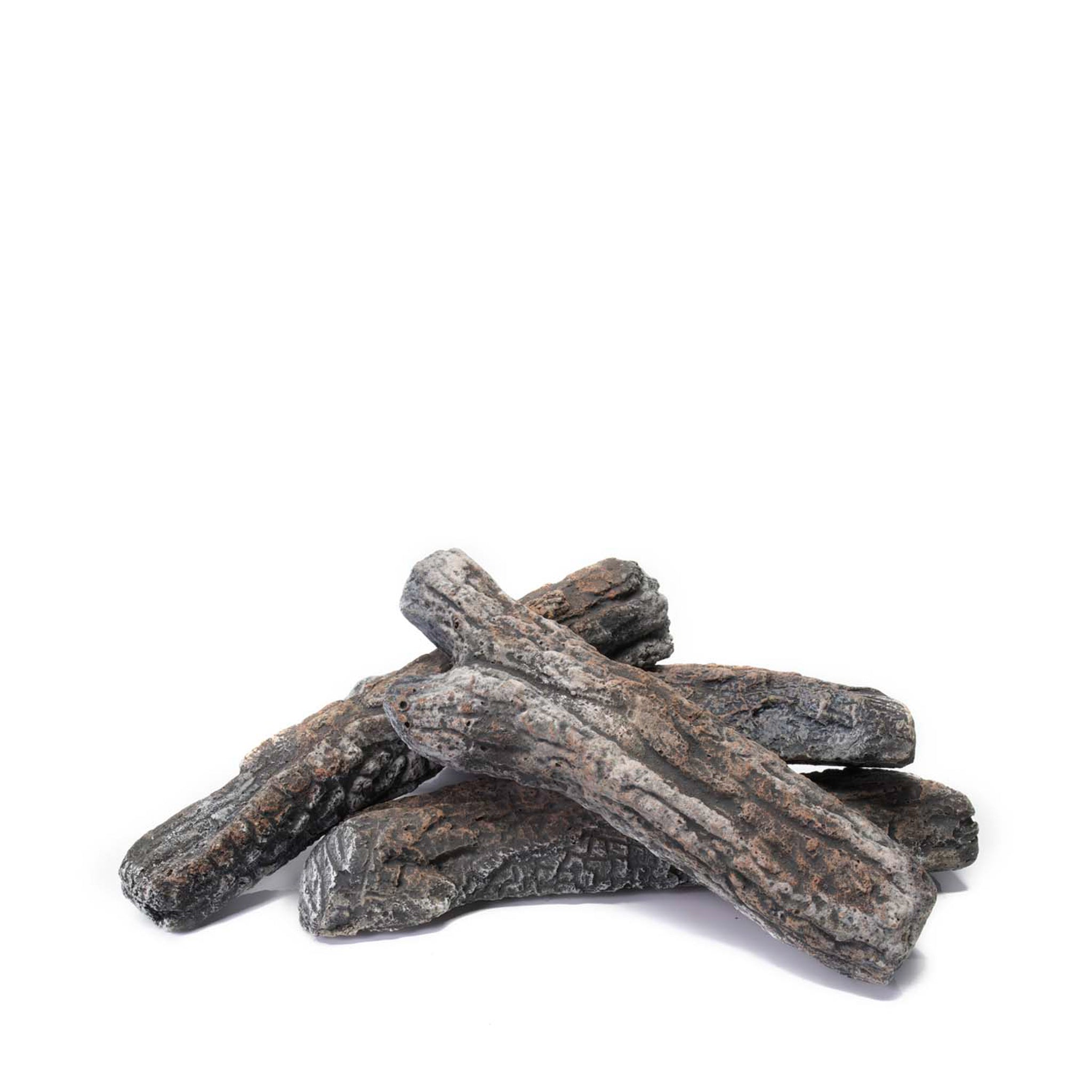 The Pacific Lifestyle Ceramic Wood Effect Logs, a set of 4 in gray and brown, exude rustic elegance on a pristine white background.